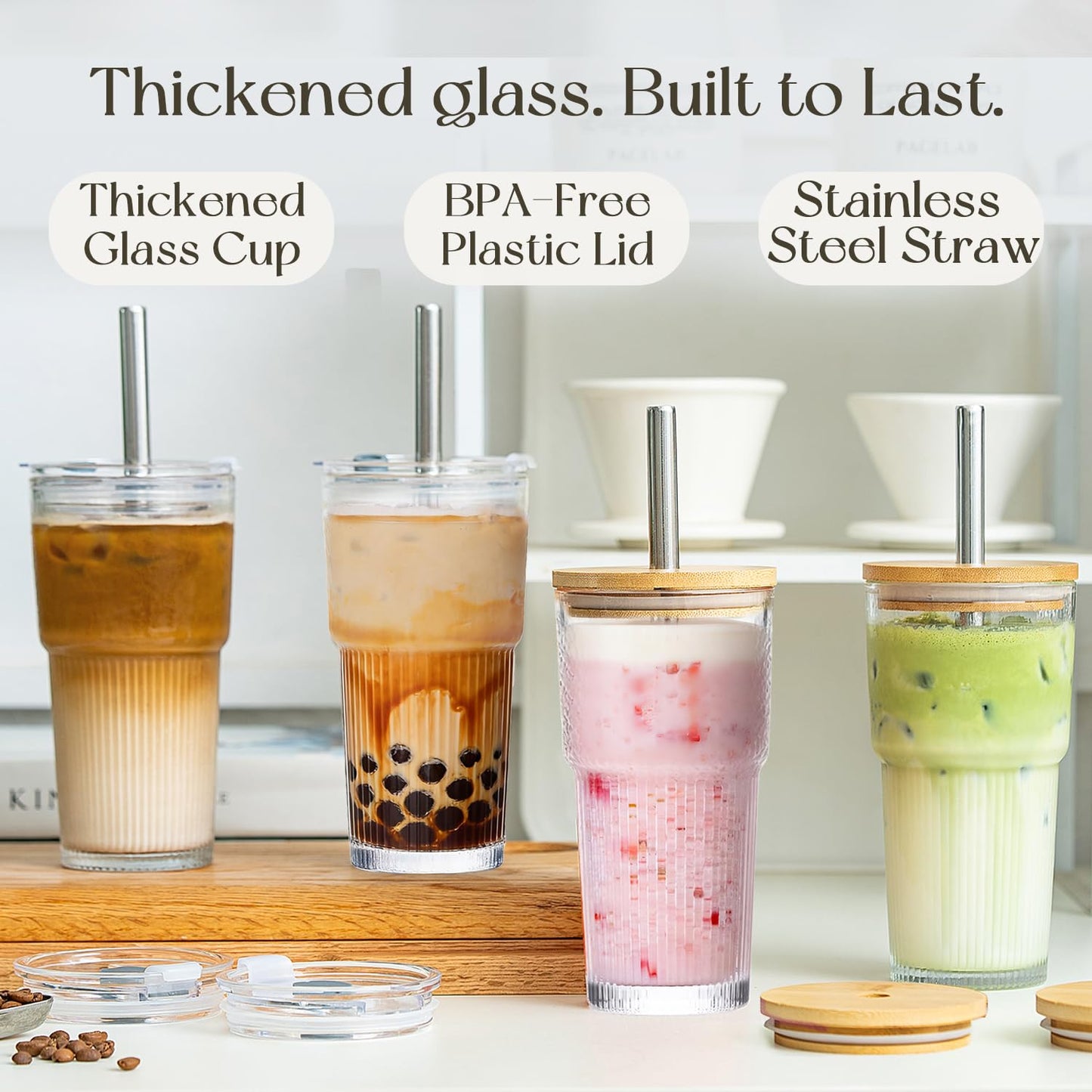 KEMORELA 20oz Ribbed Glass Tumblers with Reusable Stainless Steel Straws, Bamboo & Leak-Proof Dual Lids, Extra-Wide 13mm straw, 4Pc Vintage Drinking Glasses for Boba,Iced Coffee, Smoothies,Travel Cups