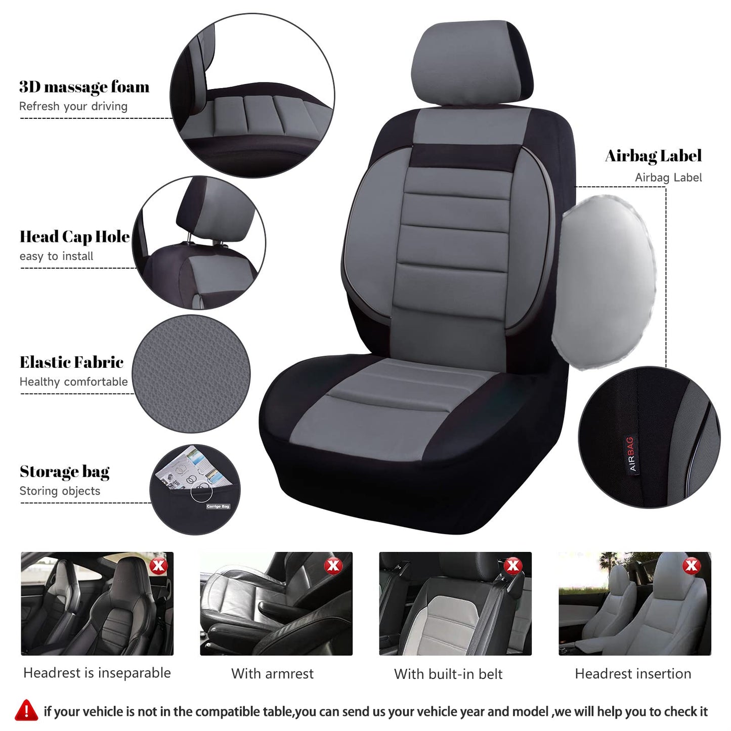CAR PASS 6PCS Elegance Universal Fit Two Front Car Seat Covers Set, Foam Back Support, Airbag Compatible, 100% Breathable (Black with Gray)