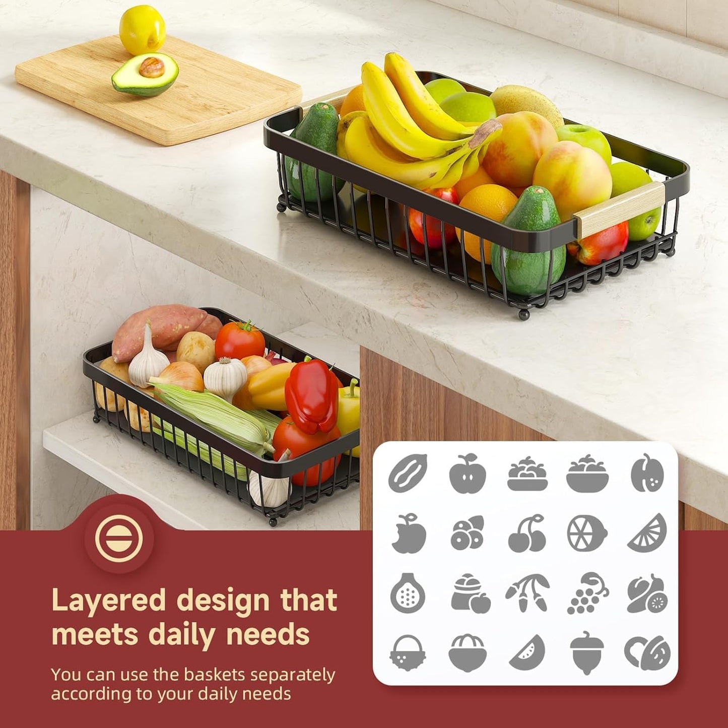Sevenblue 2 Tier Fruit Basket for Kitchen Counter with 2 Banana Hangers, 2026 Pro Detachable Metal Fruit Bowl with Wooden Handle,Fruit Holder for Bread Snack Veggies, Black Extra Large