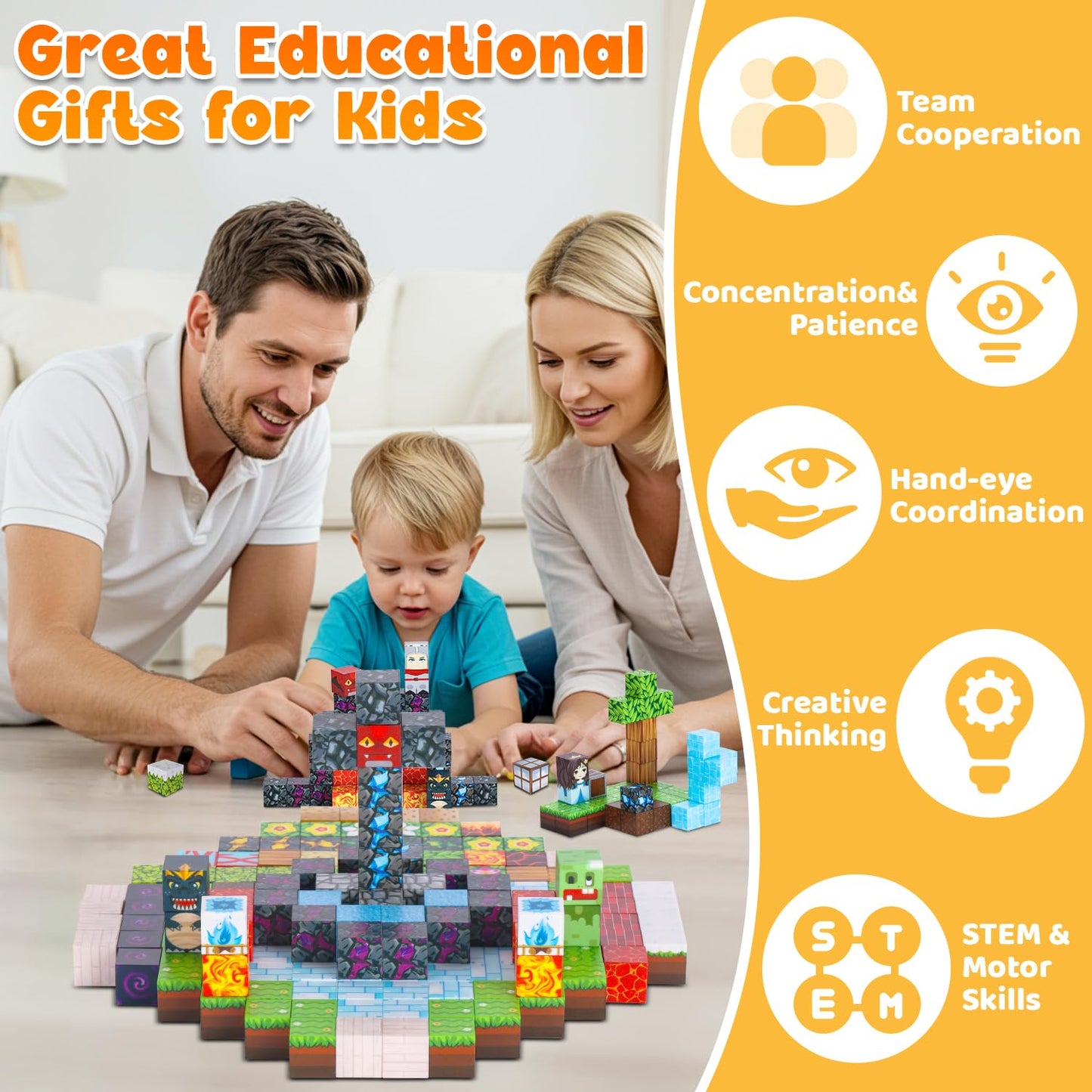 200PCS Magnetic Blocks with Magnet Board, Magnetic Building Block Cube Toys for Kids, STEM Toys Gifts for Boy and Girls Age 3+ Years Old