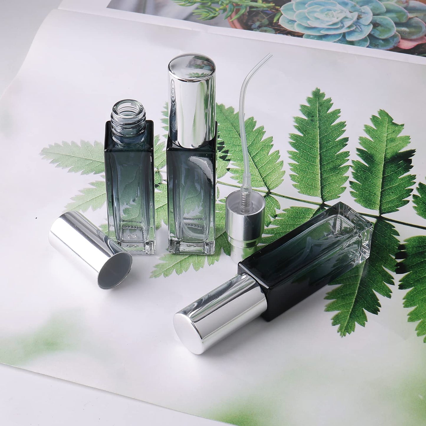 Newzoll 45Pcs 10mL Small Travel Spray Bottles - Leak Proof Refillable Mini Glass Spray Bottle for Essential Oils, Perfume, Skincare, Empty Gradient Square Fine Mist Container with Silver Lid