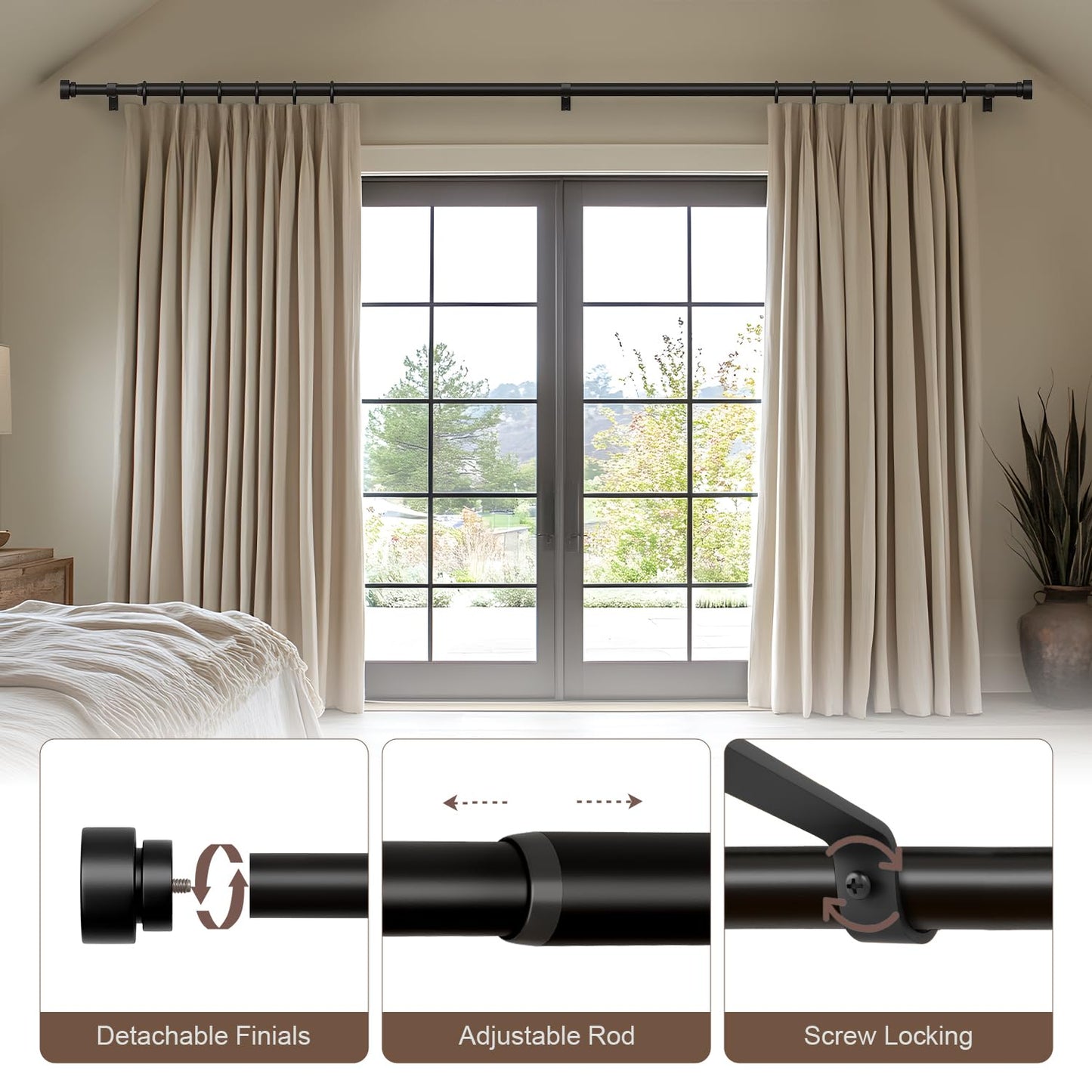 Lootkell Modern Black Curtain Rods for Windows 48 to 84 Inches Adjustable Length Heavy Duty 1" Diameter Window Curtain Rod with Decorative Finials for Outdoor Farmhouse Bedroom Kitchen Living Room