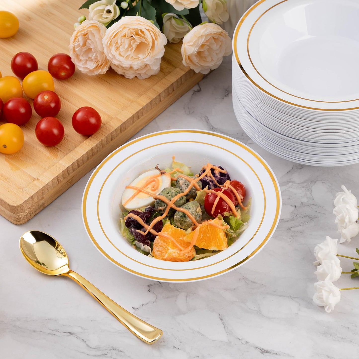 Goodluck 50 Pack Plastic Soup Bowls with Gold Rim, 12oz Disposable Soup Bowls, Heavy Duty Dessert Bowls for Weddings, Parties, Dinners, Catering, Thanksgiving and Everyday Use