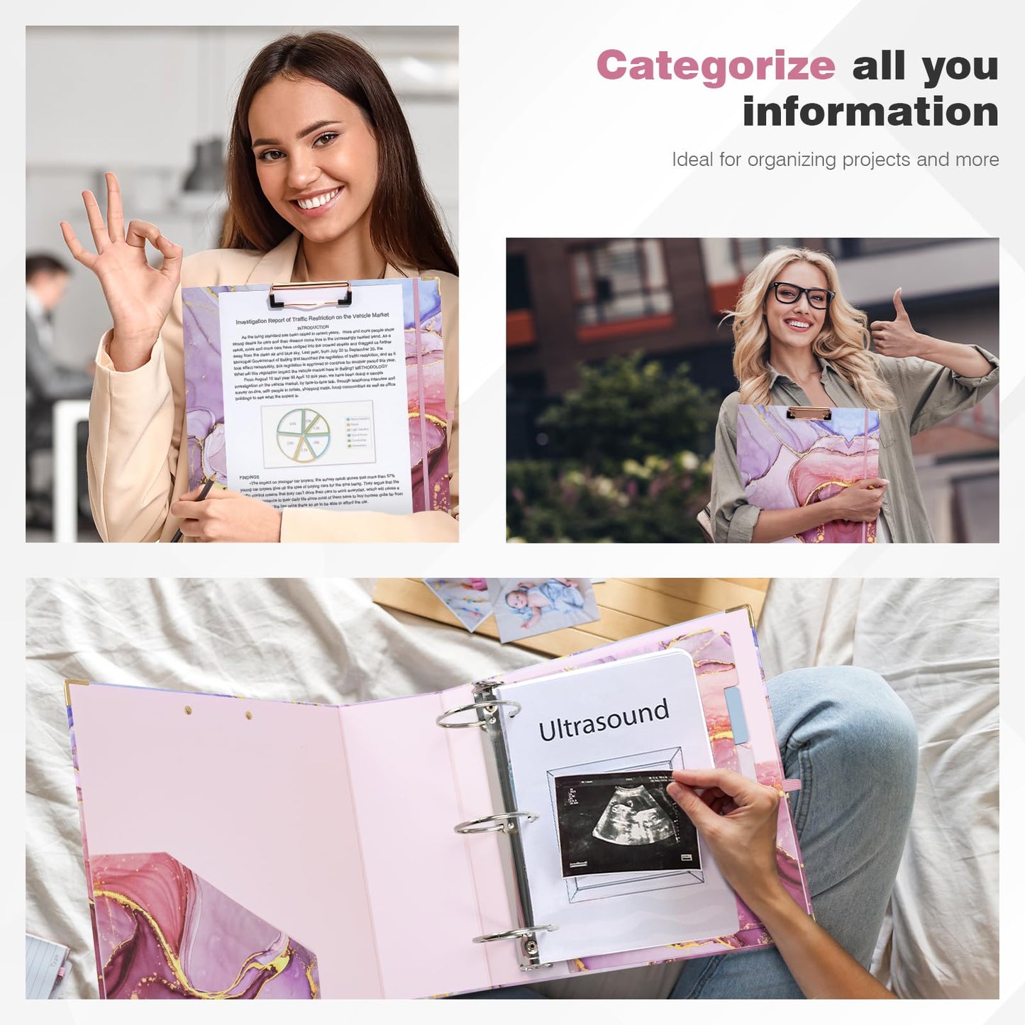 Ospelelf 3 Ring Binder 3 Inch, Cute Binder for Letter Size (11" x 8.5") with 5 Tab Dividers, File Folder Labels and Low Profile Clipboards, Pink Marble Binder for School Supplies and Office Supplies