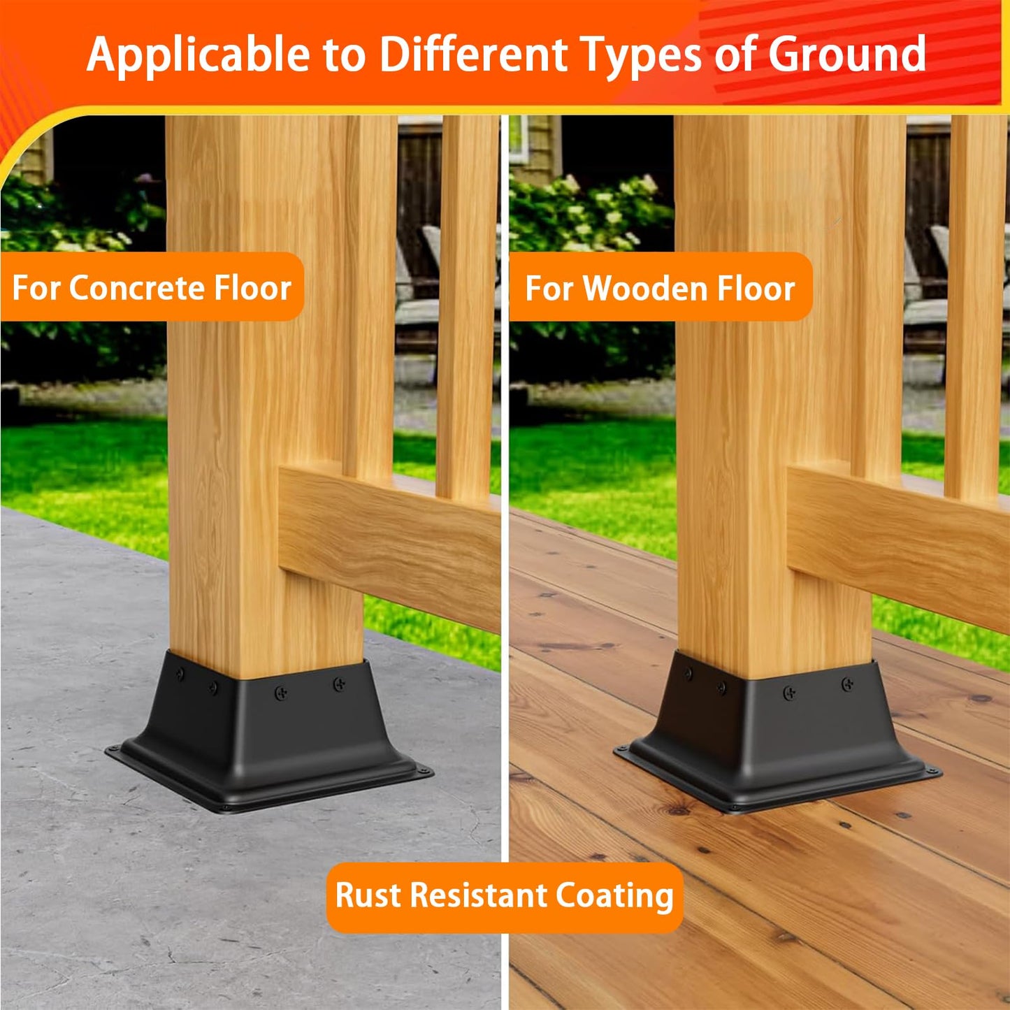 ORIGLE 4x4 Post Base 4Pcs, Internal 3.58"x3.58" Heavy Duty Powder-Coated Steel Post Bracket Fit for Standard Wood Post Anchor, Decking Post Base for Deck Porch Handrail Railing Support