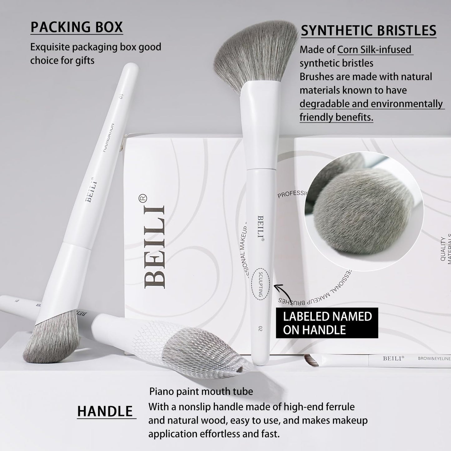 BEILI Makeup Brush Set,White Makeup Brush Set, 12 Vegan Makeup Brushes for Powder Foundation, Concealer, Eyebrows, Eyeshadow, Contour, Eyeliner, Blender Eye Brush