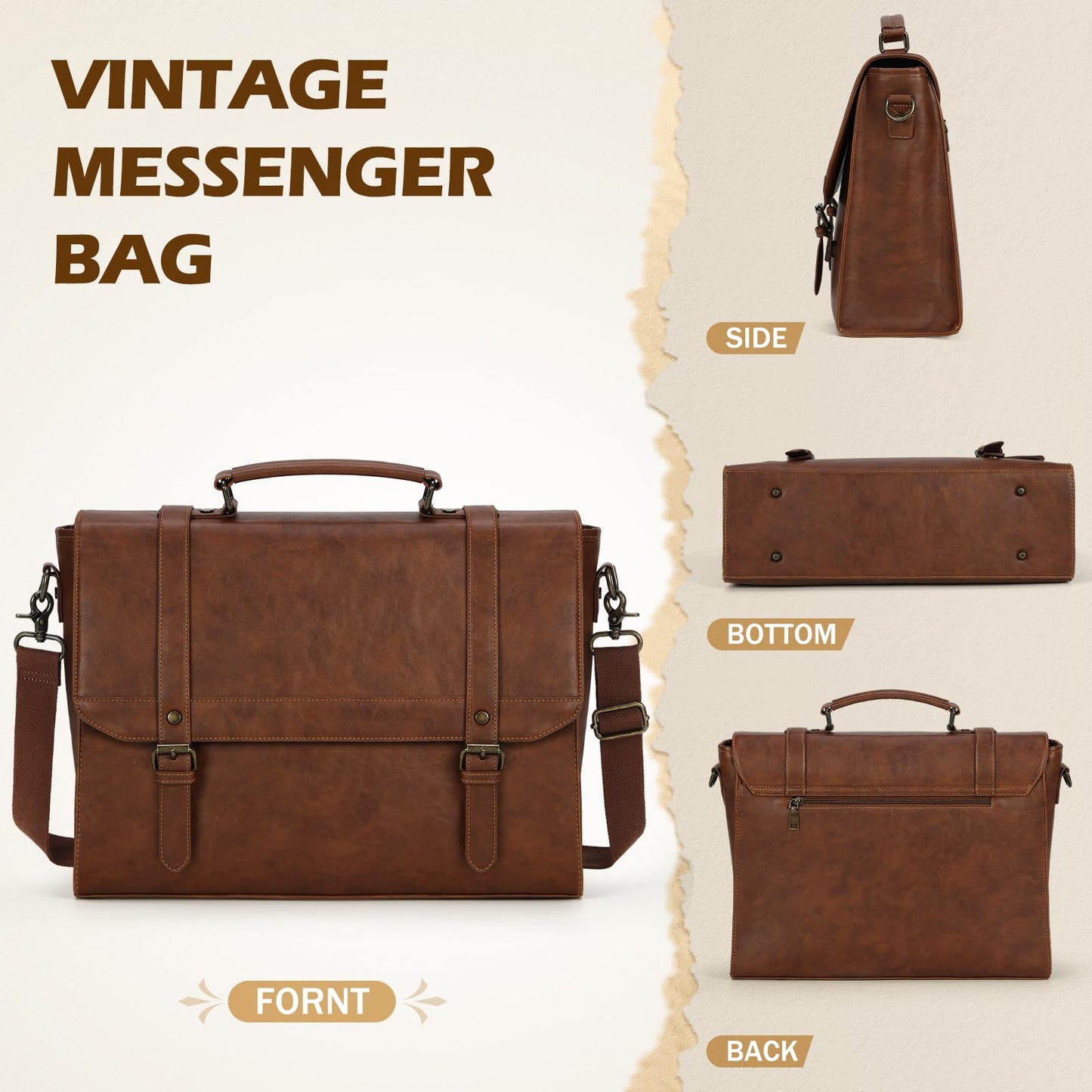 Messenger Bag for Men 18 Inch Waterproof Laptop Bag Vintage Leather Briefcase Large Computer Satchel Bag Retro Shoulder Bag for Office Business Travel College, Brown