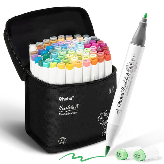 Ohuhu Alcohol Markers Brush Tip- Brush& Fine Double Tipped Art Marker Set for Artist Adults Coloring Illustration- 72 Colors- Alcohol-based Ink Dual Tips - Honolulu B of Ohuhu Markers
