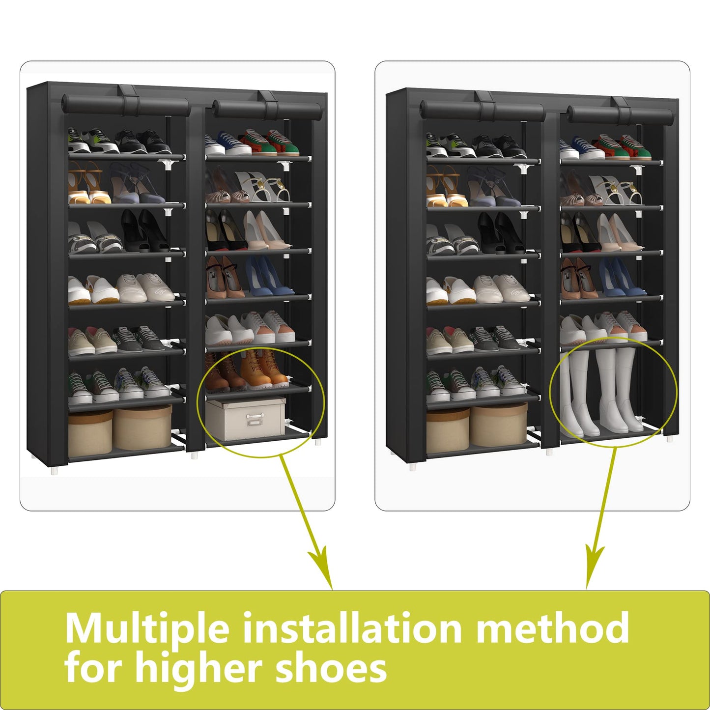 JIUYOTREE 7 Tier Shoe Rack Storage Organizer with Big Capacity,Double Row Shoe Cabinet,Shelf,Closet with Nonwoven Fabric Cover,Black