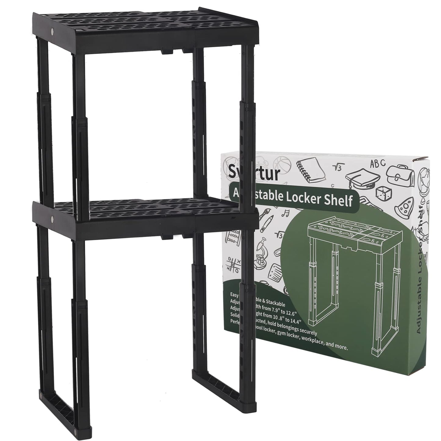 Adjustable Locker Shelf, Height and Width - Organizer for Work, School, Gym - Stack-able Stand Tools, Accessories - Black, Pack of 2