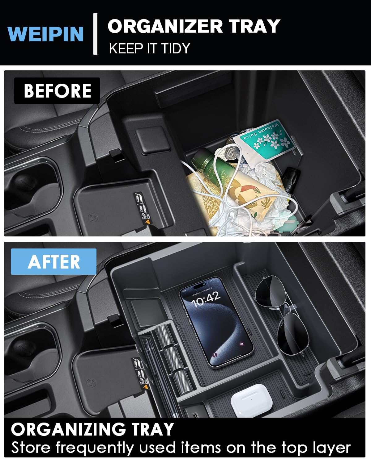 Silverado Sierra Center Console Organizer - Refreshed Models 2024-2025 Chevy Silverado/GMC Sierra 2500HD 3500HD - (Full Console w/Bucket Seats ONLY) - Black