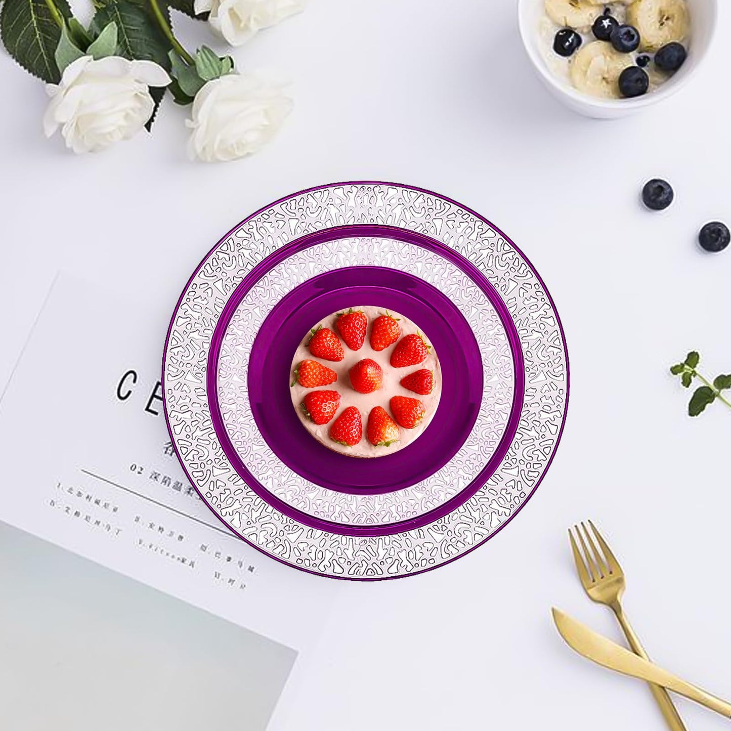 100Pcs Purple Silver Plastic Plates, Disposable Party Plates with Silver Lace, Heavy Duty Fancy Wedding Party Supplies Include 50 Dinner Plates 10.25" and 50 Dessert Appetizer Plates 7.5"