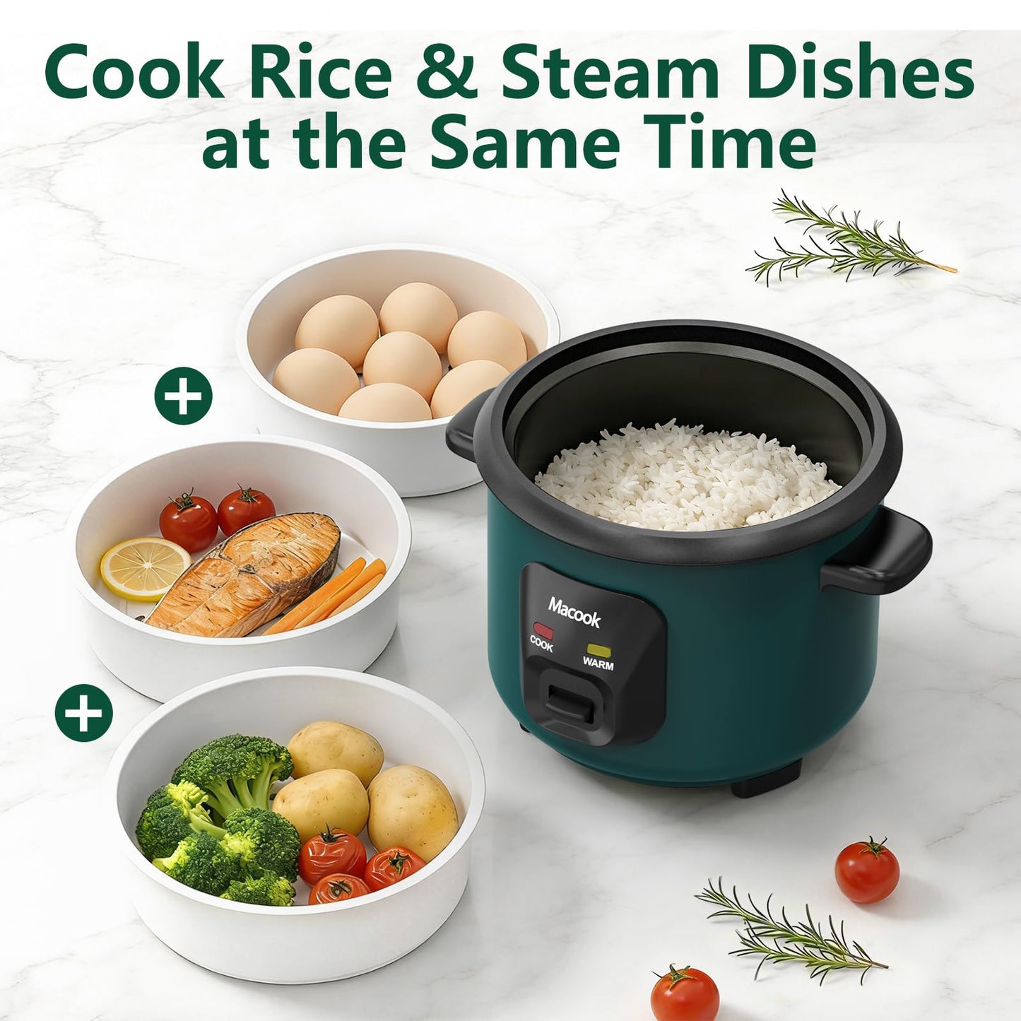 Macook Mini Rice Cooker 3-Cup, Small 0.6L One-Touch Rice Maker with Non-Stick Inner Pot, Automatic Keep Warm & Overheat Protection, Ideal for 1-6 People, Students & Small Families (Green)