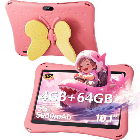 Android Tablet 10.1 inch,Tablet for Kids with Kids Case, 4(2+2) GB RAM 64GB ROM, 5000mAh, 1280 * 800 Display, Dual Camera, WiFi, Kidoz Pre Installed, Parental Control, Android 13, Pink