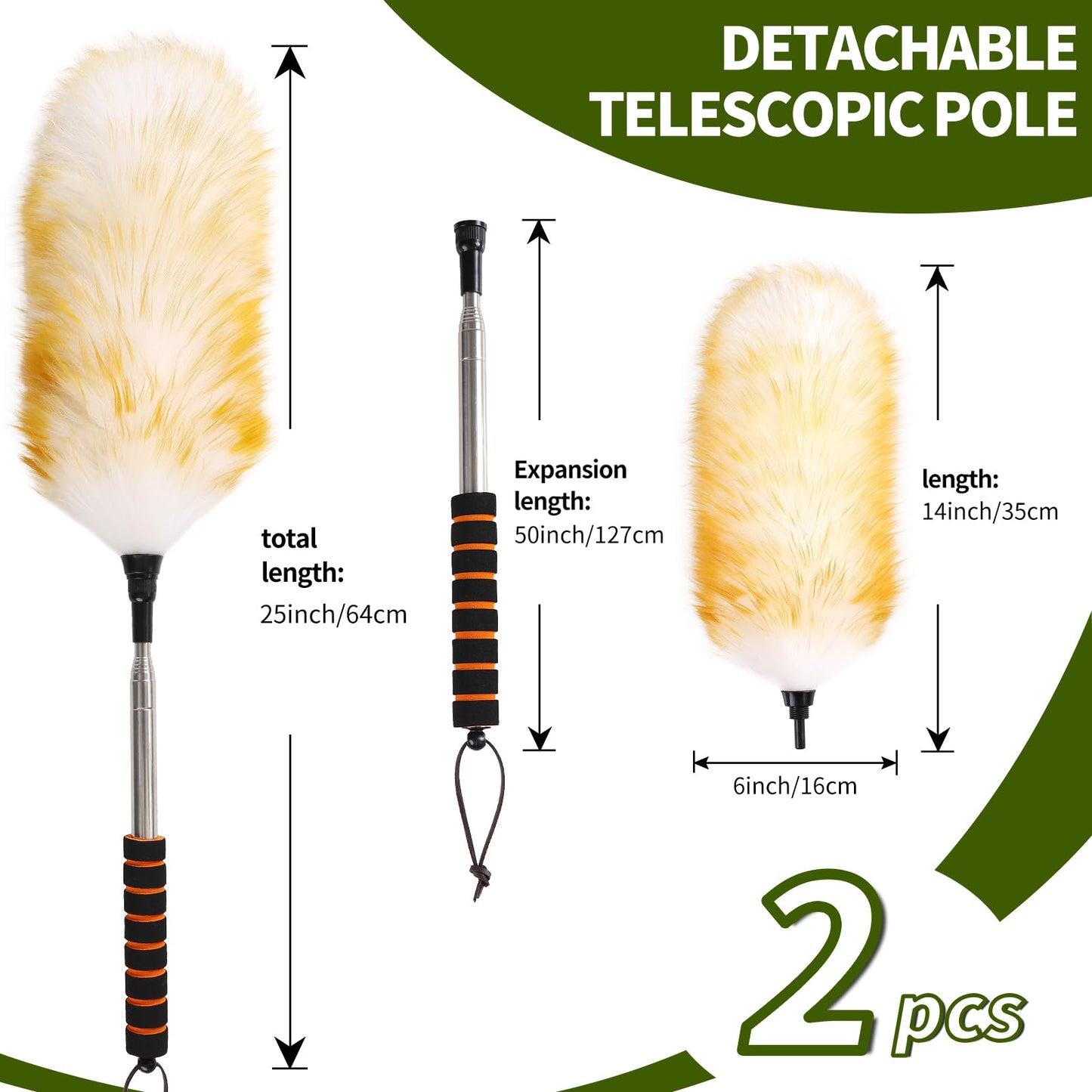 Mehellofeather Retractable Lambswool Duster 25-64 Inch Removable Telescopic Handle Wool Duster for Cleaning Ceiling Fans Window High Places (2PCS)