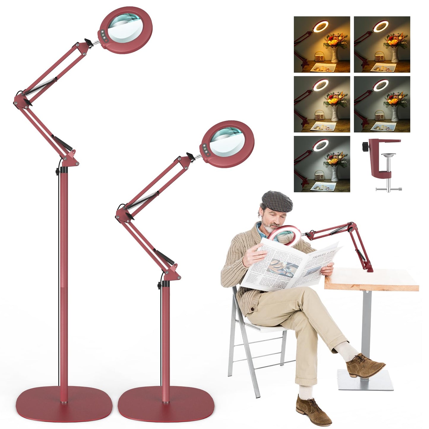 10X Magnifying Glass with Light and Stand, 3-in-1 Adjustable Swivel Arm LED Magnifying Floor Lamp, 5 Color Modes Brightness Stepless Dimming Lighted Magnifier Hands Free with Clamp for Crafts - Red