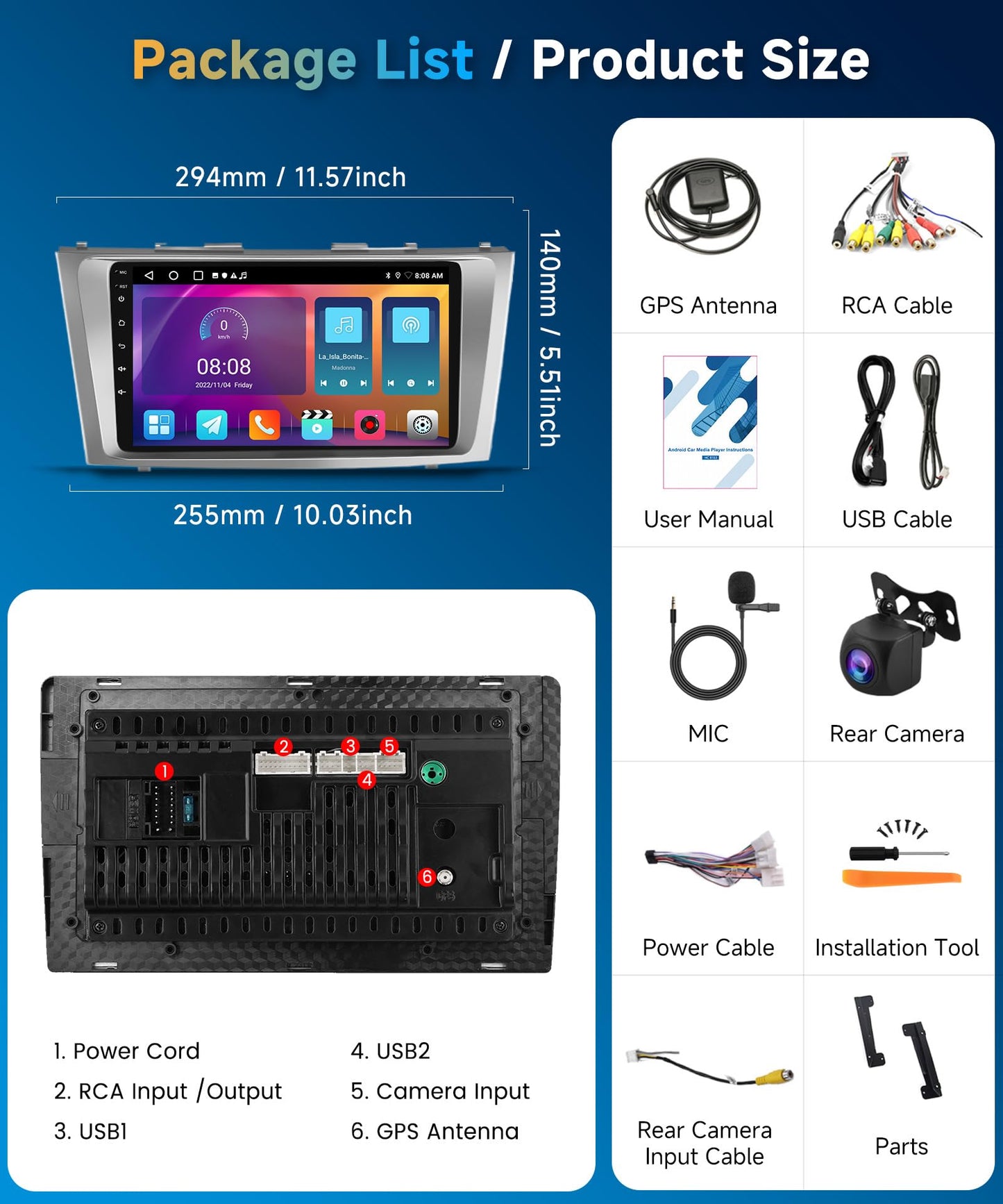 2+64G for Toyota Camry 2006-2011 Car Radio with Wireless Carplay/Android Auto,Android Car Stereo 9 Inch Touch Screen GPS,26UI,WiFi,Bluetooth,FM/RDS,EQ,Mirror Link,SWC+ Backup Camera&Mic