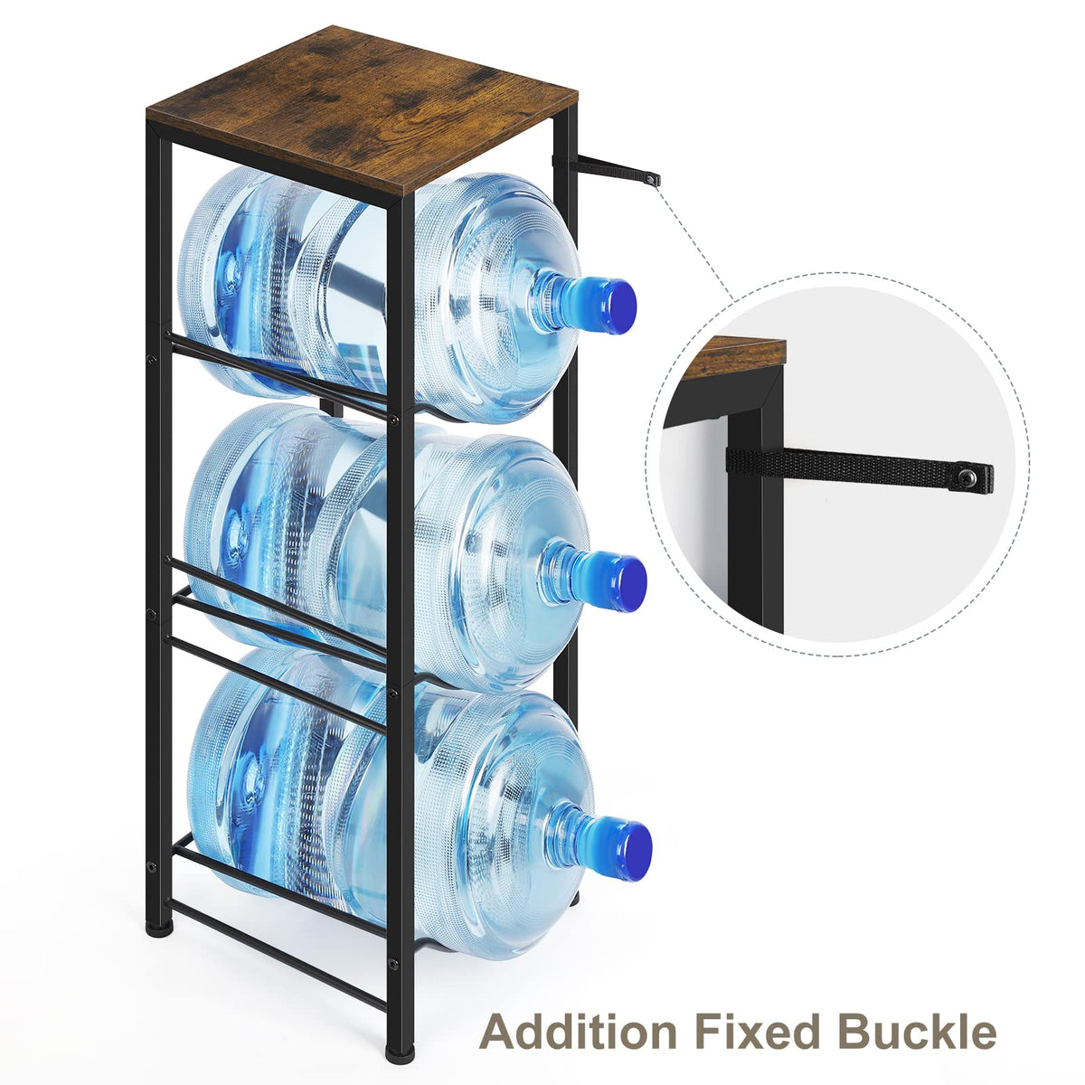 Water Jug Holder Rack 3-Tier Water Storage Organizer with Shelves for 5 Gallon Water Bottle Dispenser Stand for Office Kitchen Living Room Office, Rustic Brown