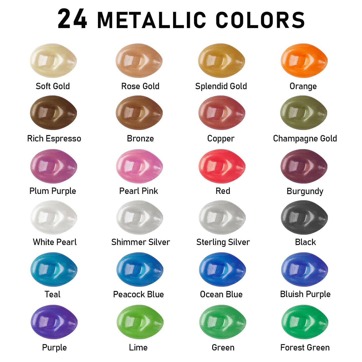 ABEIER Metallic Acrylic Paint, Set of 24 Metallic Colors in 2oz/60ml Bottle, Rich Pigments, Non Fading, Non Toxic Paints for Artist, Beginners, Painting on Rocks Crafts Canvas Wood, Fabric&Stone