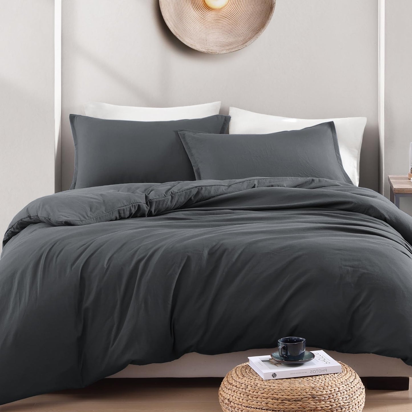 LANE LINEN Queen Duvet Cover Set 3 Piece - Prewashed Soft Brushed Microfiber Bedding with Zipper - Includes Duvet Cover & 2 Shams - Charcoal