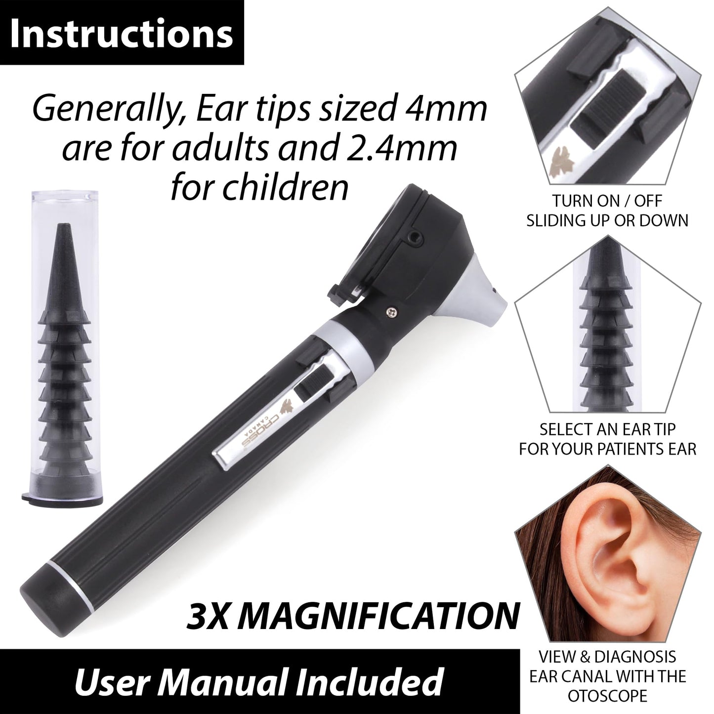 Cross Canada Physician Fiber Optic LED Pocket Otoscope Diagnostic Set for Detection of Ear Infection or an aid in Ear Cleaning-Otoscope for Medical Student Doctor Nurse Baby Adult Pet/Animal (Black)