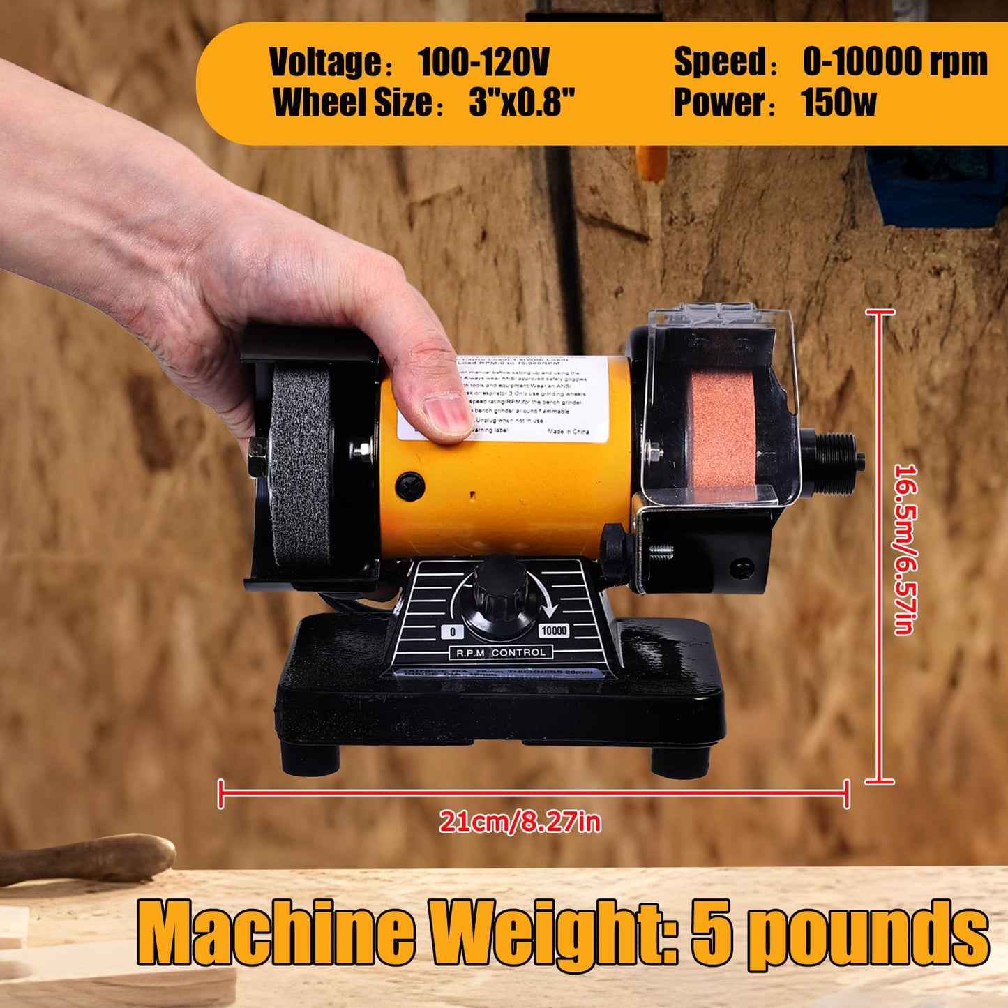 Vevitts Mini Multi Purpose 3" Bench Grinder and Polisher with Tool Rest and Safety Guard, 31" Long Flexible Shaft, Variable Speed Dial 0-10000 RPM, 110V 150W