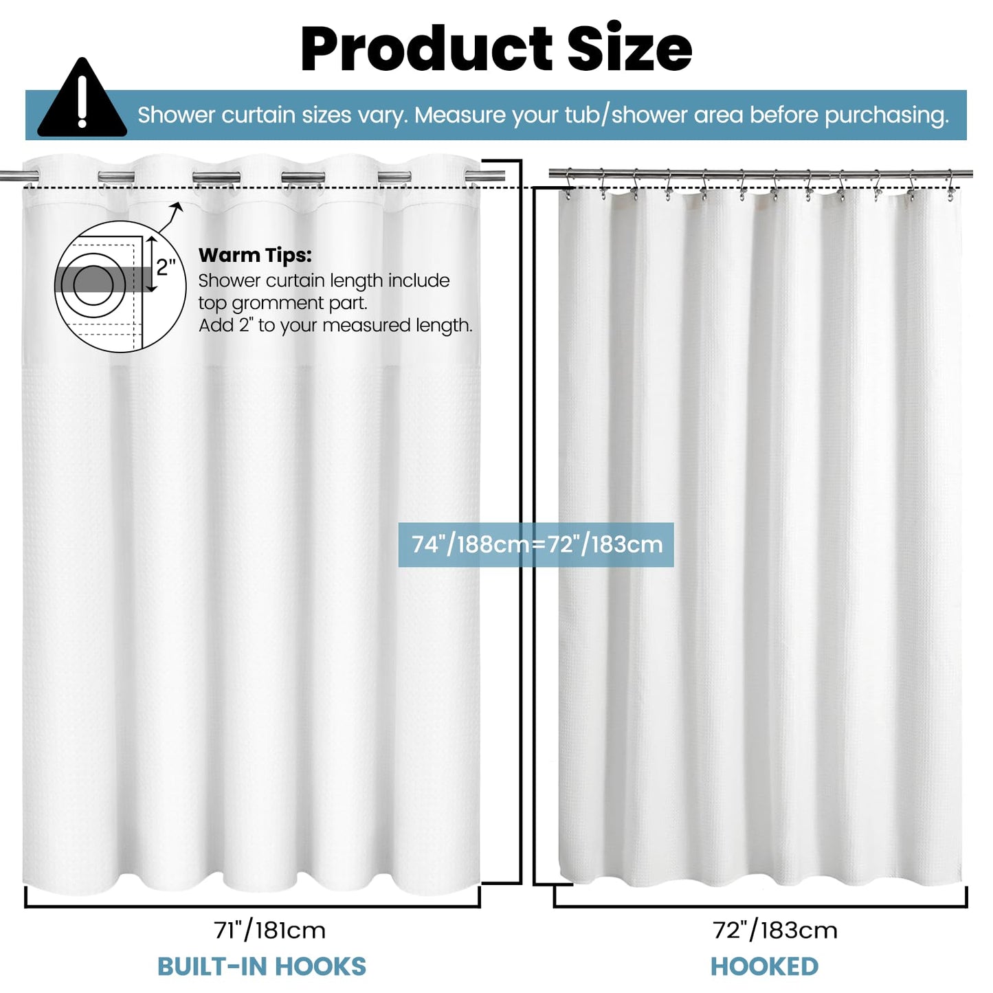 No Hook Shower Curtain with Snap in Fabric Liner- Hotel Style Waffle Weave Shower Curtains with See Through Top Window for Bathroom, Waterproof & Washable, White, 71" W x 74" L