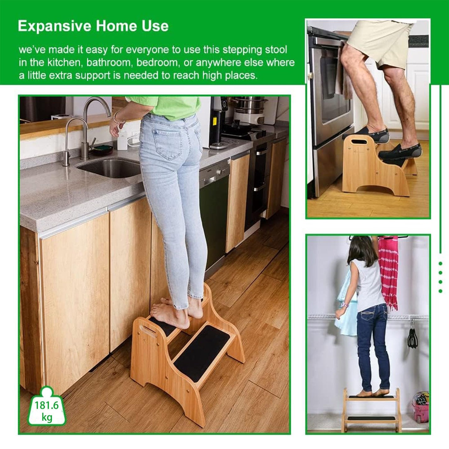 StrongTek Wooden Step Stools for Kids, Toddler 2 Step Stool for Bathroom with Non-Slip Stepping Surface, Portable Stepping Stool with Handles for Kitchen and Bedroom, 350 lbs Capacity (Natural)