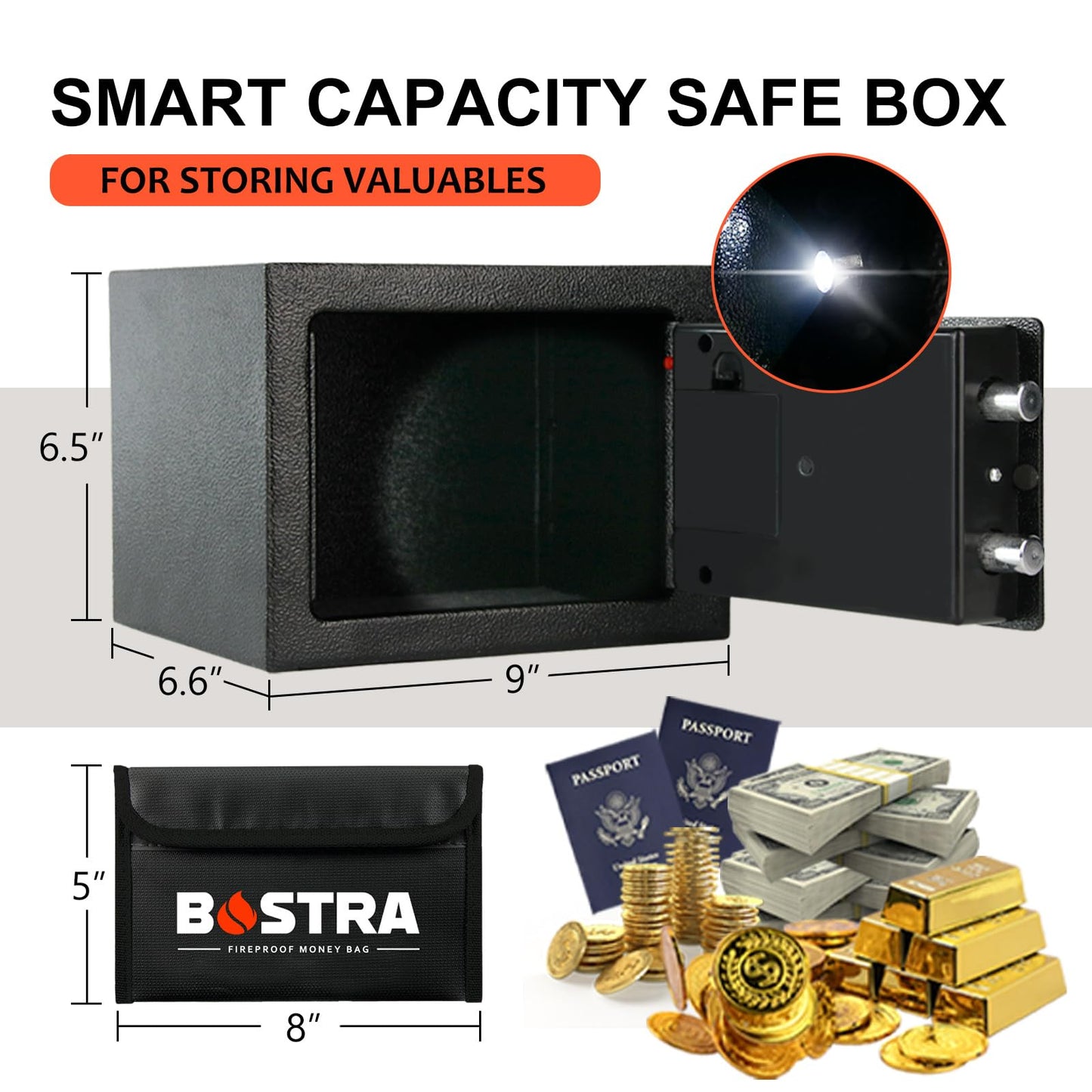 Bostra Fireproof Safe Box with Sensor Light & Fireproof Bag, Money Safe Box with Digital Keypad,Security Safe Box for Home, 0.23 Cubic Small Safe with Keys & Pass Code for Cash Jewelry Black