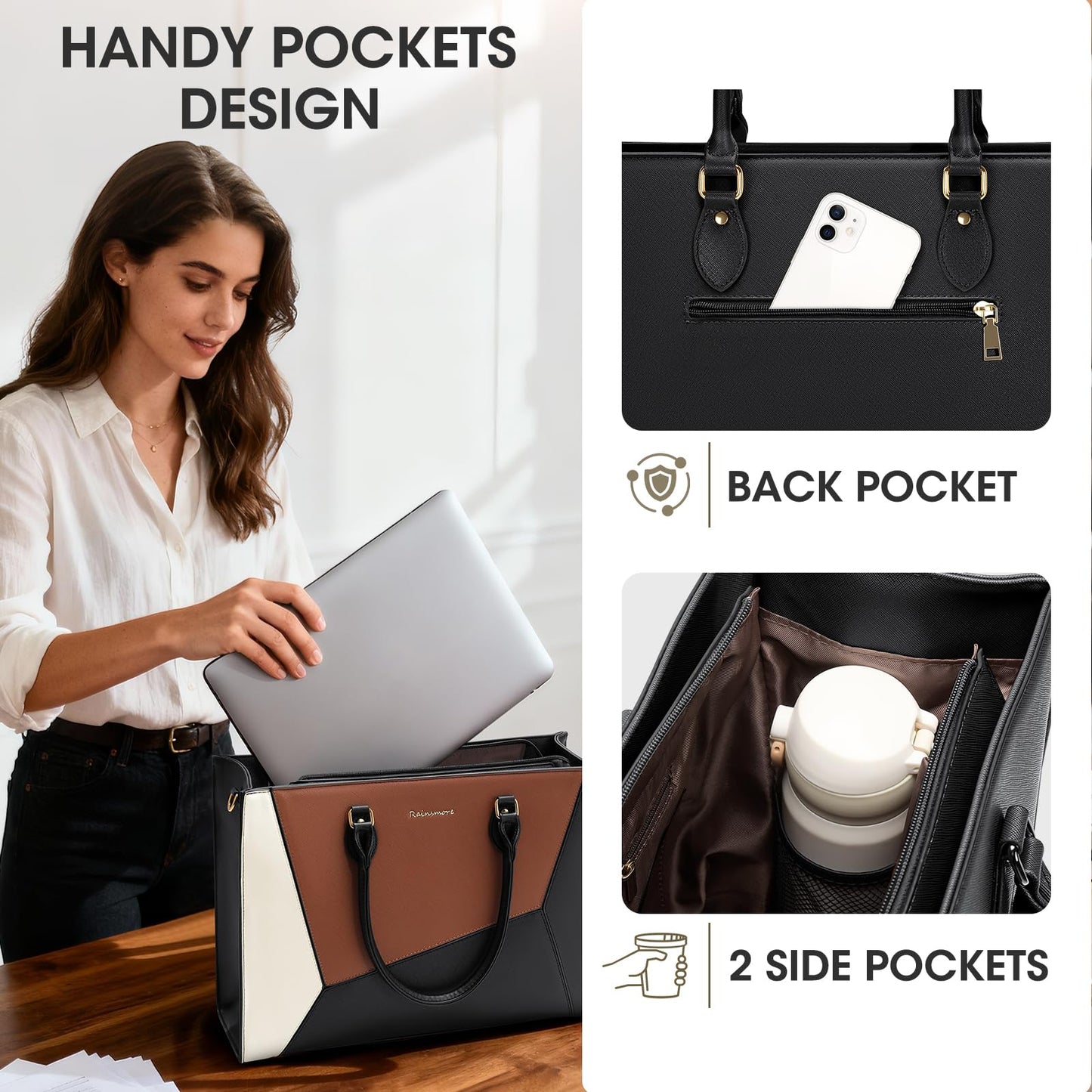 Laptop Bag for Women 15.6 inch Work Tote Bag PU Leather Waterproof Computer Briefcase Shoulder Bag for Business Office