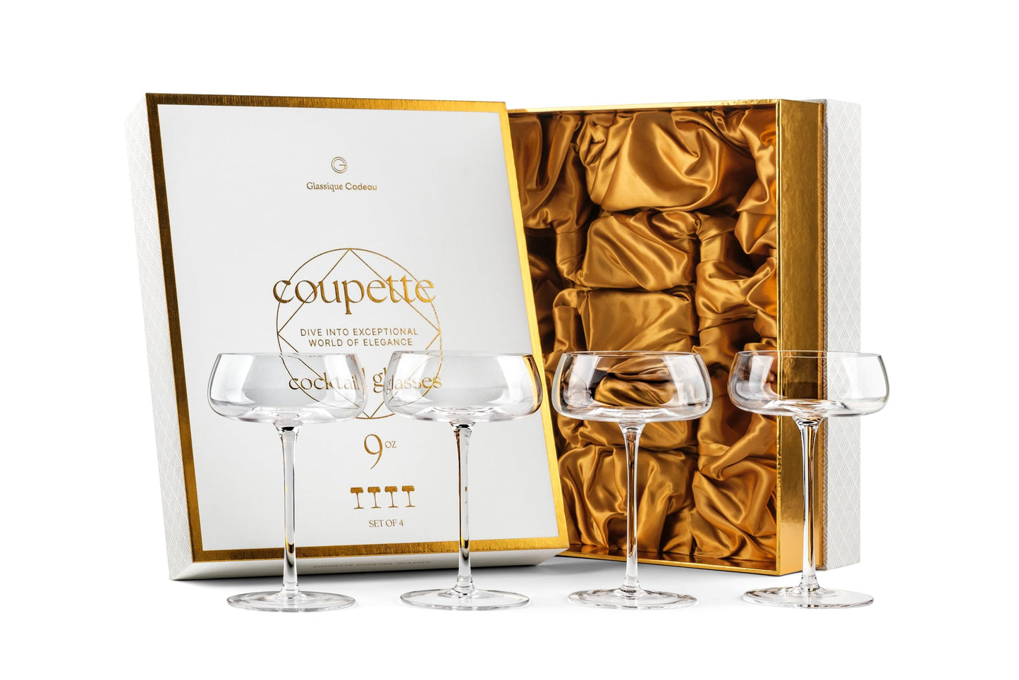 Crystal Cocktail and Champagne Coupette Glasses | Set of 4 | 9 oz Elegant Long Stemmed Coupe Glassware for Espresso Martini, Daiquiri, Cosmopolitan, Gimlet | Fancy Round Saucers