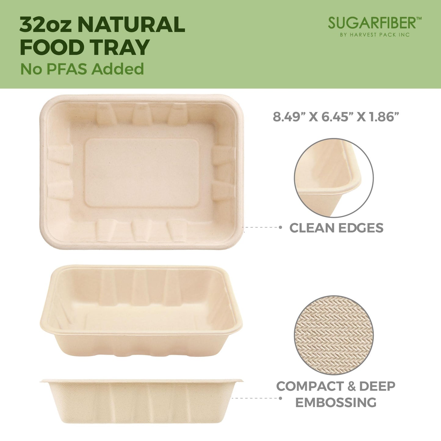 [100 COUNT]Harvest Pack 32 oz Compostable Food Trays, 8.49" x 6.45" x 1.86" Disposable PFAS FREE Food Container, Bagasse Rectangle Paper Plates, Sugarcane Eco-Friendly Plant Fibers, No Lids included