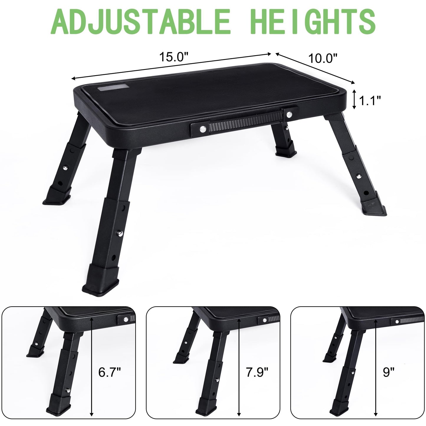 IKKAKOI Folding Step Stool, Height-Adjustable Step Stool with Non-Slip Platform, Step Ladder for Adults or Kids in Kitchen, Home, 500 Lbs Capacity(Black)