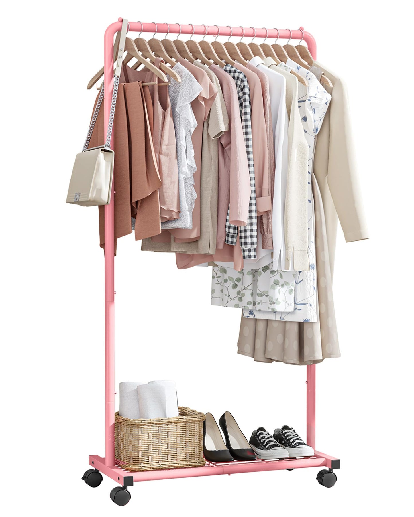 Sakugi Clothing Rack - Movable Multi-Functional Coat Rack with 4 Universal Wheels, Long-Lasting Metal Clothes Rack with Extra Storage Shelf for Bedroom, Office, Laundry(Pink, 73W x 43.5D x 150H cm)