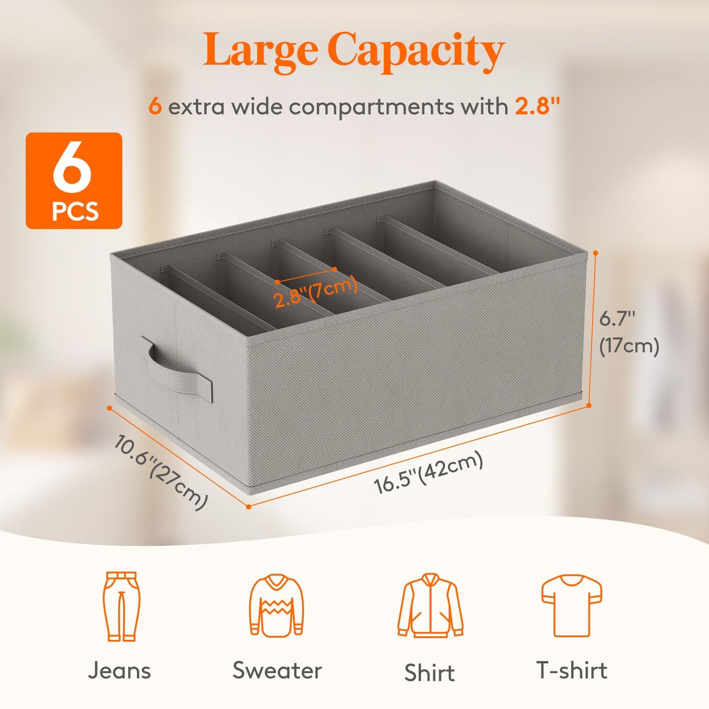 Lifewit Wardrobe Organizer Clothes, Jean Organizers for Closet with Support Board 6 Compartment Foldable Closet Drawer Storage 16.5 x 10.6 x 6.7 Inches for Pants, T-Shirts, Sweater, Legging, 6-Pack