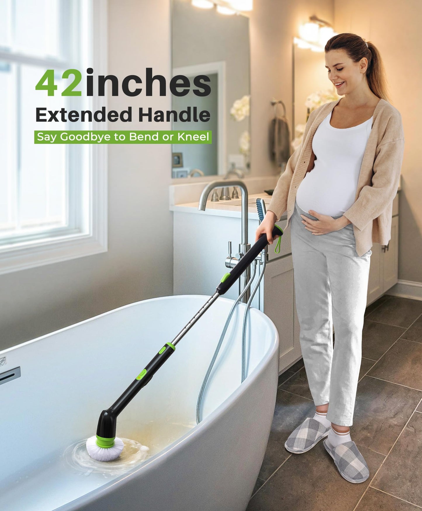 LyriFine Cordless Electric Spin Scrubber, 7 in 1 Shower Cleaner for More Use, Dual Speed & Detachable Long Handle, Electric Scrubber Cleaning, Waterproof Bathroom Scrubber Tub Tile Floor - Green