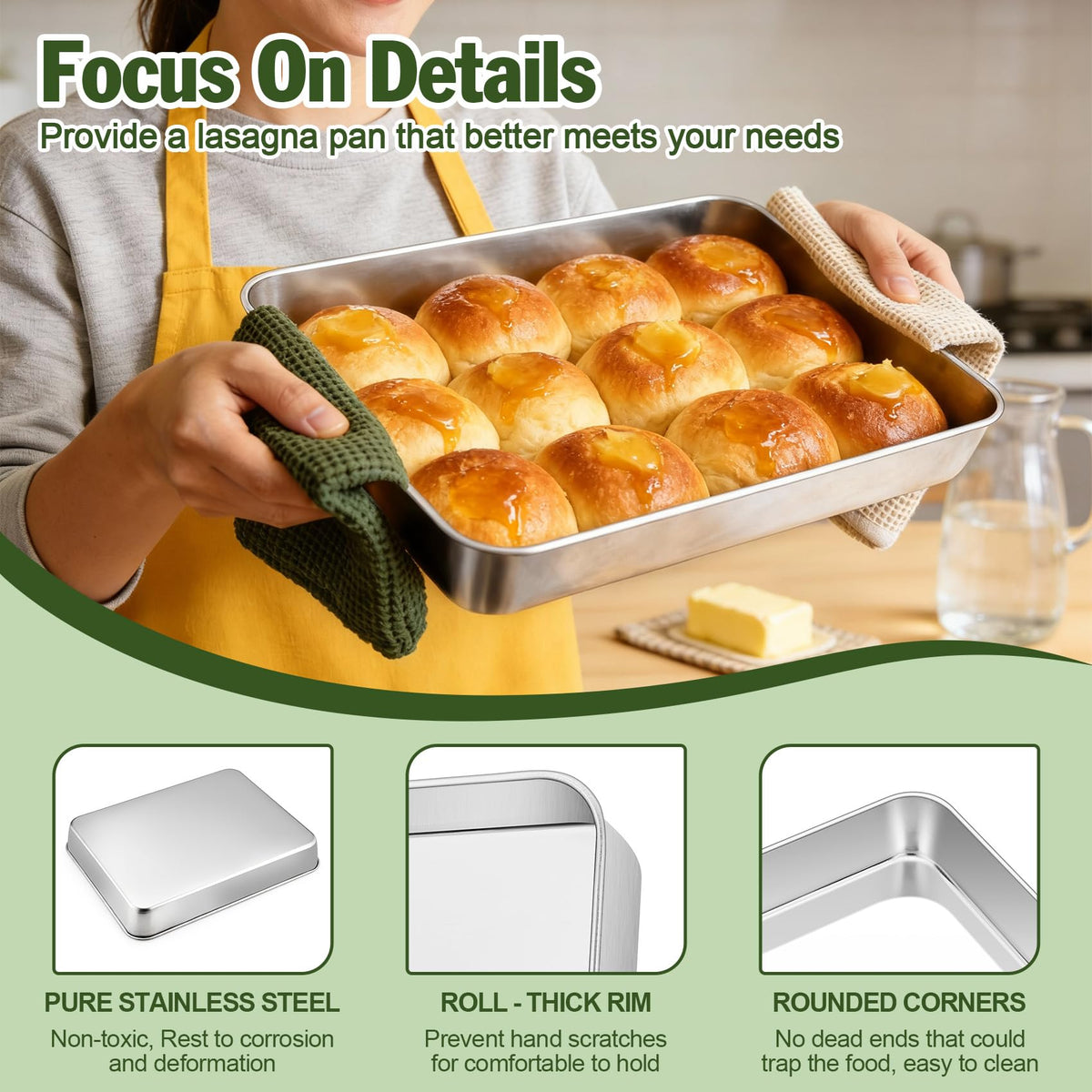 TeamFar 9.8’’x12.5’’ Baking Pan, Stainless Steel Rectangular Cake Brownie Lasagna Pan for Cooking, Healthy & Sturdy, One-piece & Even Heat, Oven & Dishwasher Safe - Set of 2