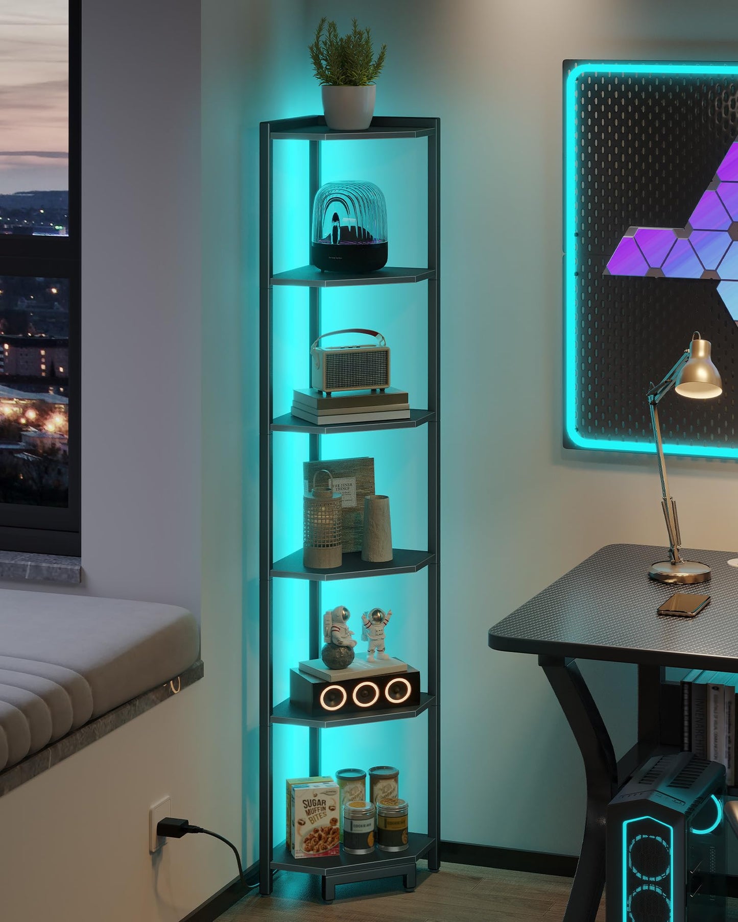 Hzuaneri Corner Shelf with LED Light, 6-Tier Corner Bookshelf, Tall Narrow Display Bookcase with Metal Frame, Standing Shelf for Small Space, Living Room, Home Office, Bedroom, Black CS66606B
