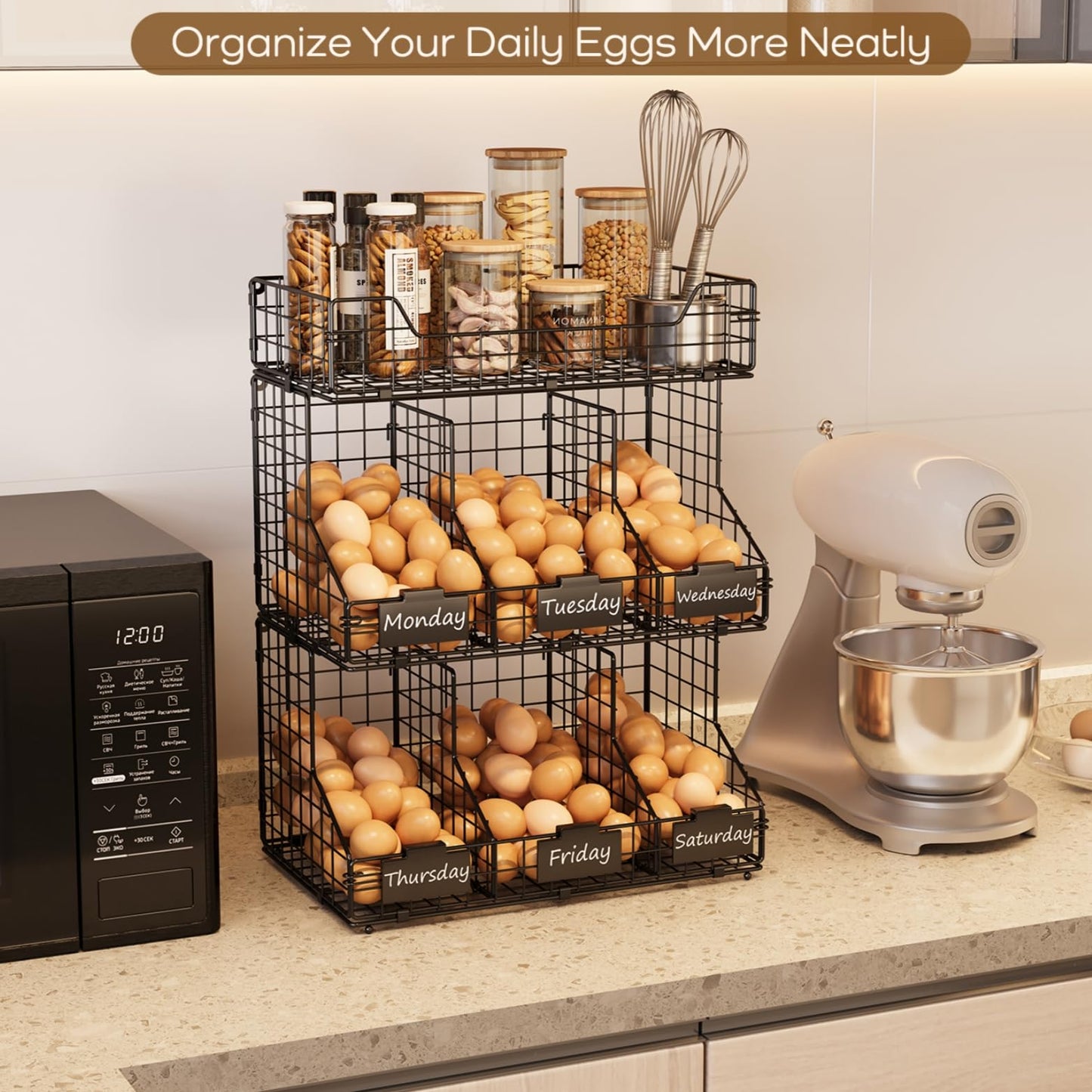 X-cosrack Egg Holder Countertop, 3 Tier Storage Rack with Labels Dividers to Separate Eggs, Stackable Wire Baskets for Fresh Egg, XXL Egg Dispenser for Countertop/Wall-Mounted