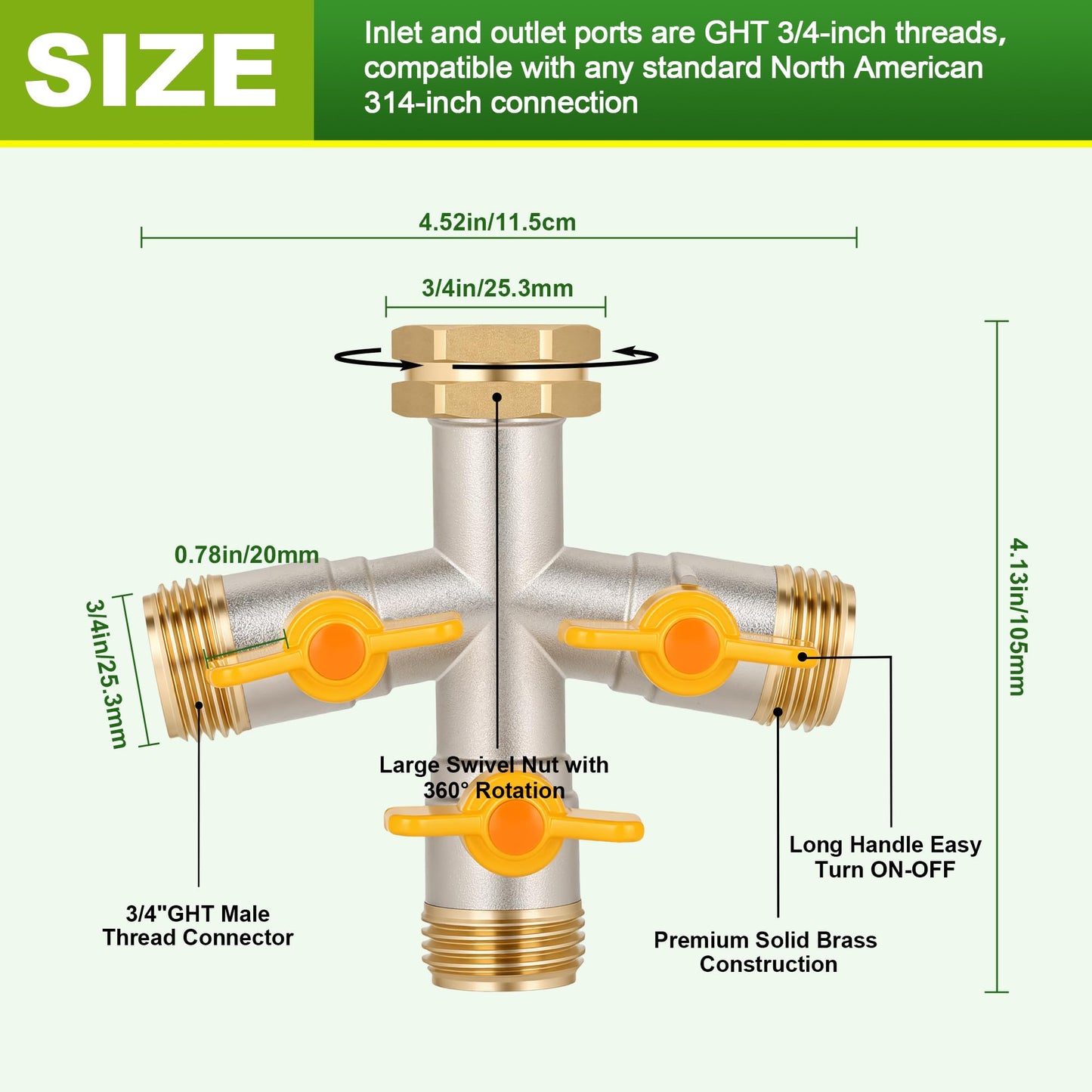 DINGBAI Hose Splitter 3 Way, High Flow Garden Hose Splitter, 3/4” GHT Inlet Brass Heavy Duty Hose Converter, Water Three- Way Faucet Hose Splitter, Stainless Steel Handle Hose Valve Large Outlet.