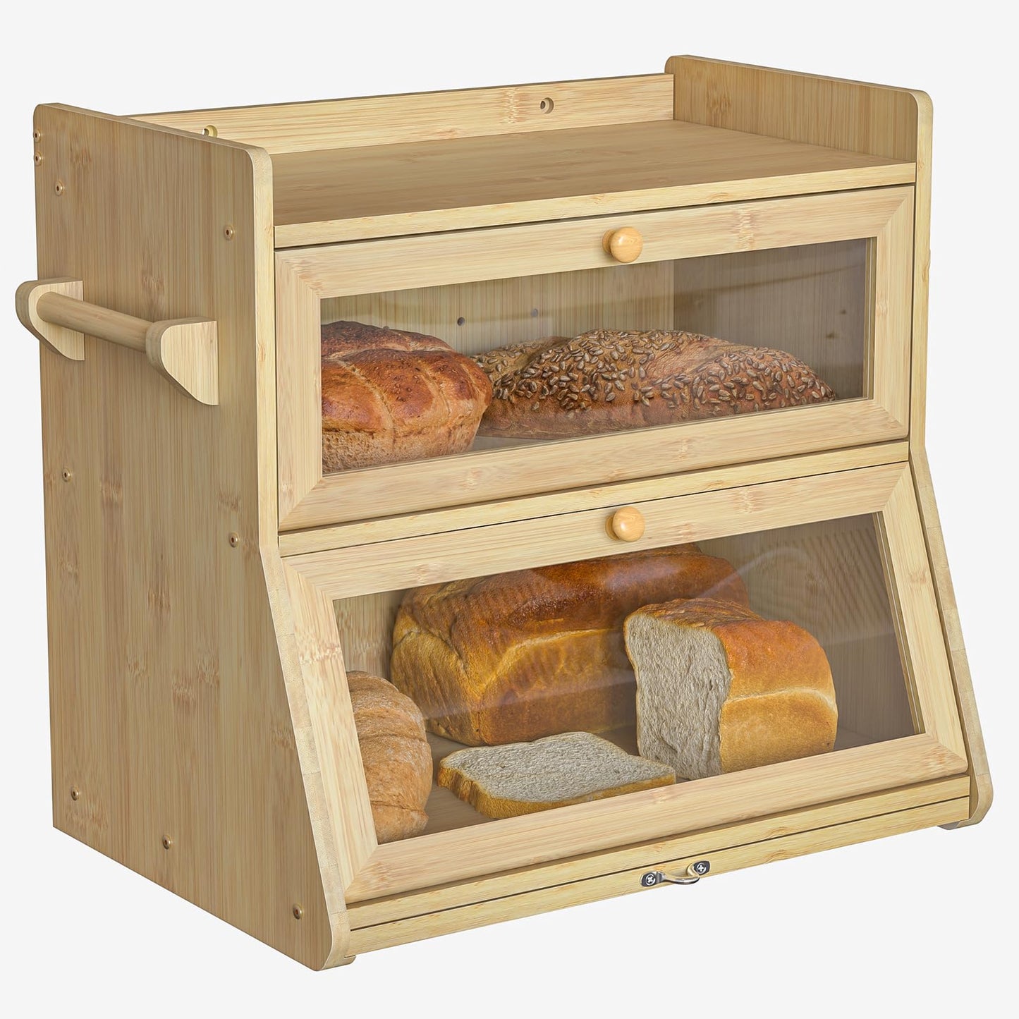 Giluta Double Layer Bread Box for Kitchen Counter, Large Bread Storage Container with Clear Acrylic Door, Bamboo Farmhouse Bread Organizer Countertop Breadbox