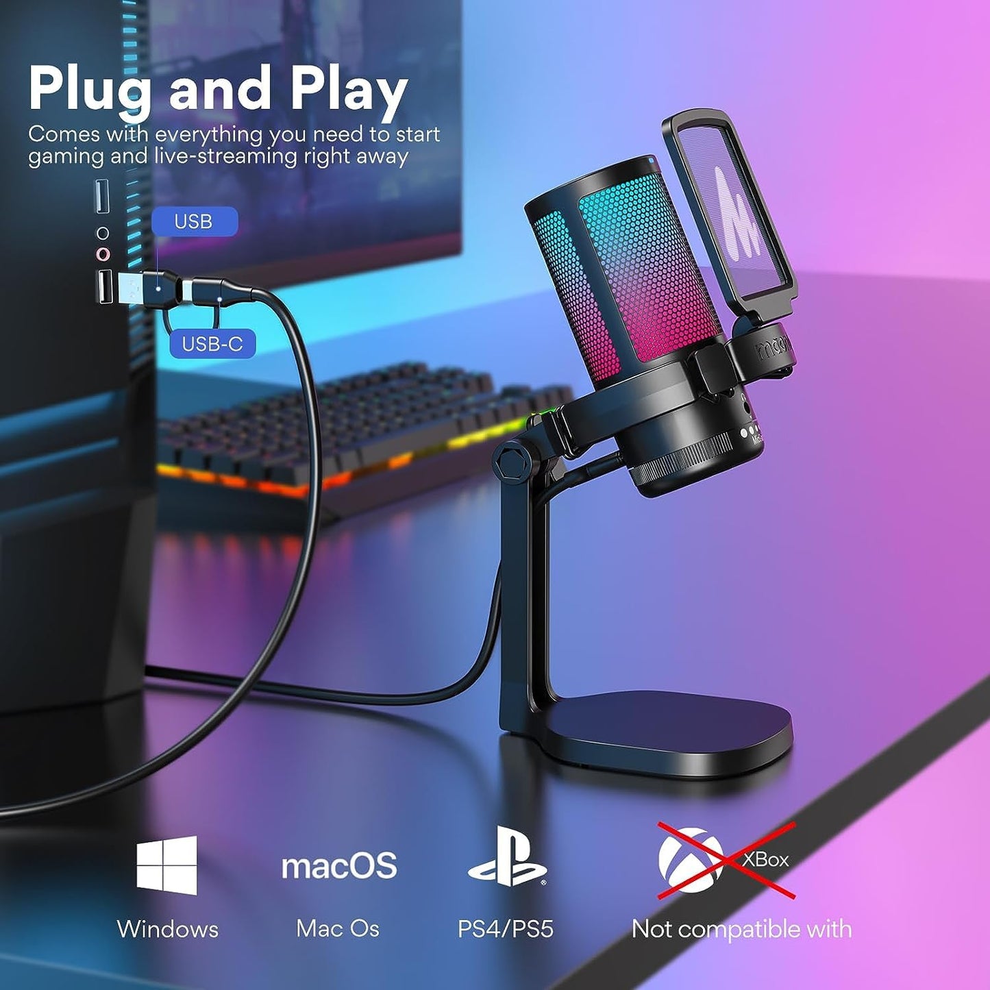 MAONO USB Gaming Microphone for PC, Noise Cancellation Condenser Mic with RGB Lights, Mute, Gain for Streaming, Recording, Podcast, Chat, Twitch, YouTube, Discord, Computer, PS5, PS4, DGM20 Black