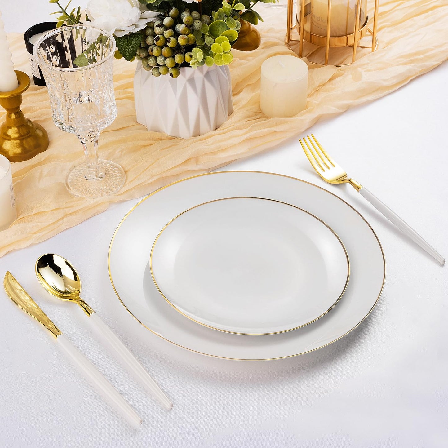 Goodluck 100PCS White Plastic Plates with Gold Rim, White Gold Disposable Plates for Party, Wedding, Include 50 Dinner Plates, 50 Dessert Plates for 50 Guests
