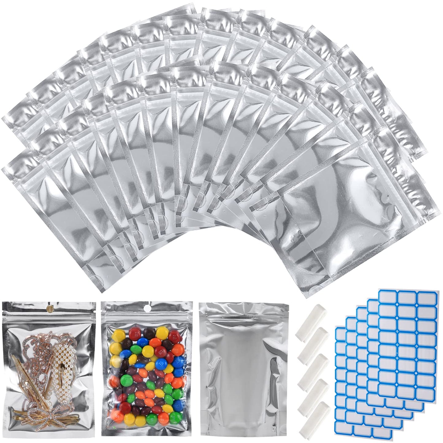 100-Pack Large Reclosable Mylar Bags for Food Storage 7" x 10" Stand Up Bags in Bulk 1 Quart Large Resealable Smell Proof Aluminum Foil Bags with Clear Window Kitchen Storage Edible Packaging