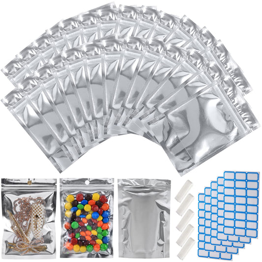 100-Pack Large Reclosable Mylar Bags for Food Storage 7" x 10" Stand Up Bags in Bulk 1 Quart Large Resealable Smell Proof Aluminum Foil Bags with Clear Window Kitchen Storage Edible Packaging