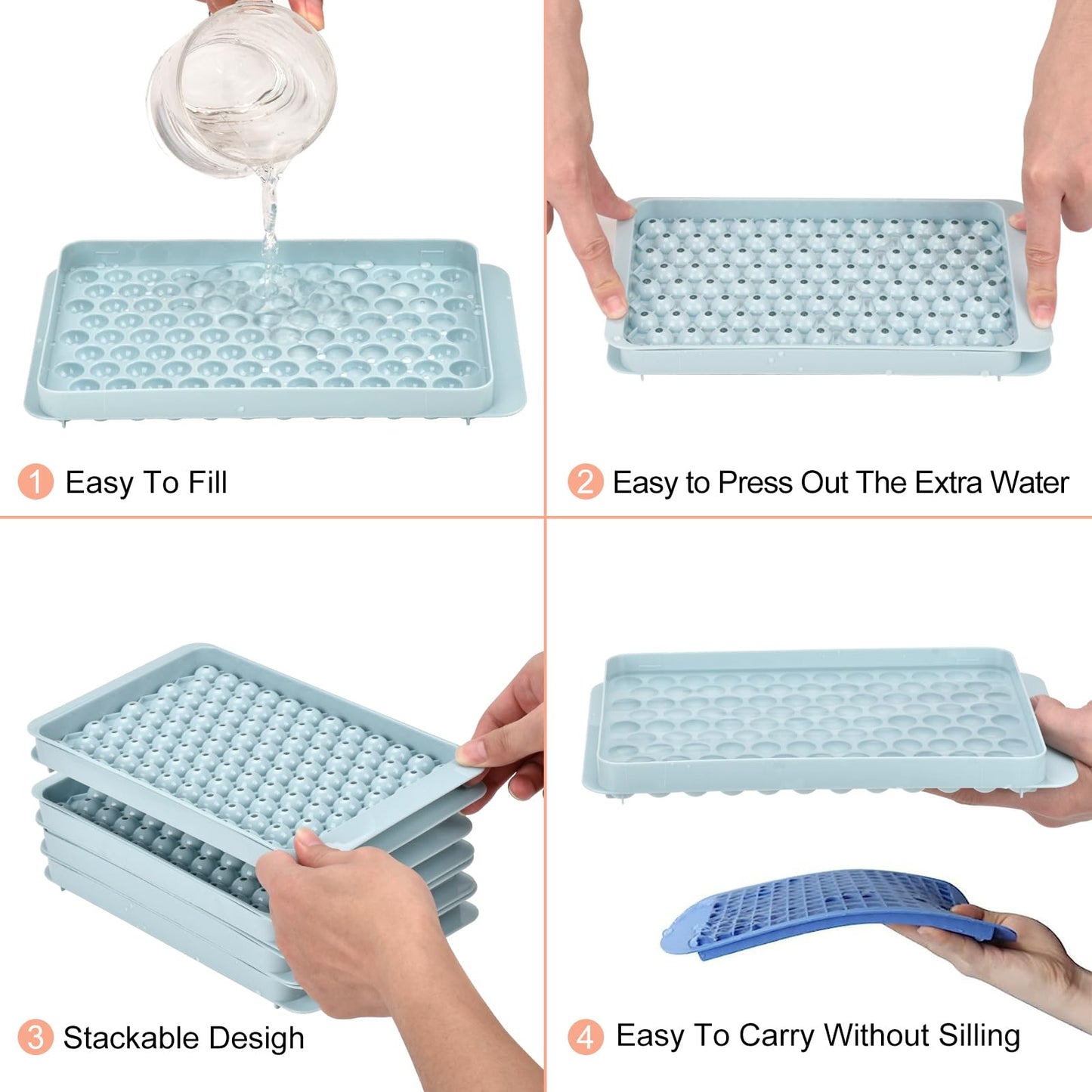 Ice Cube Tray with Lid and Bin,4 Pack Mini Ice Maker Tray for Freezer, 104 x 4 0.5 in Small Ice Ball Mold with Tong & Ice Scoop, Tiny Crushed Ice Tray for Chilling Drinks Coffee Juice Cocktail - Blue