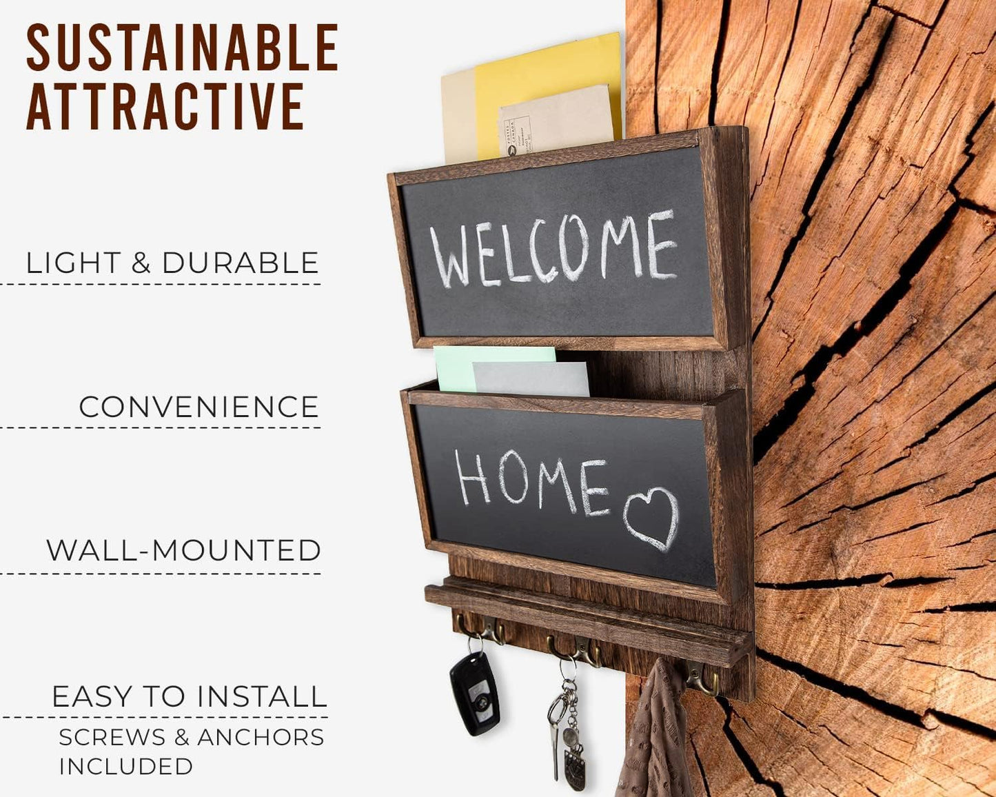 Rustic 2-Slot Mail Sorter Organizer for Wall with Chalkboard & 3 Double Key Hooks - Wooden Wall Mount Mail Holder Organizer – Rustic Brown