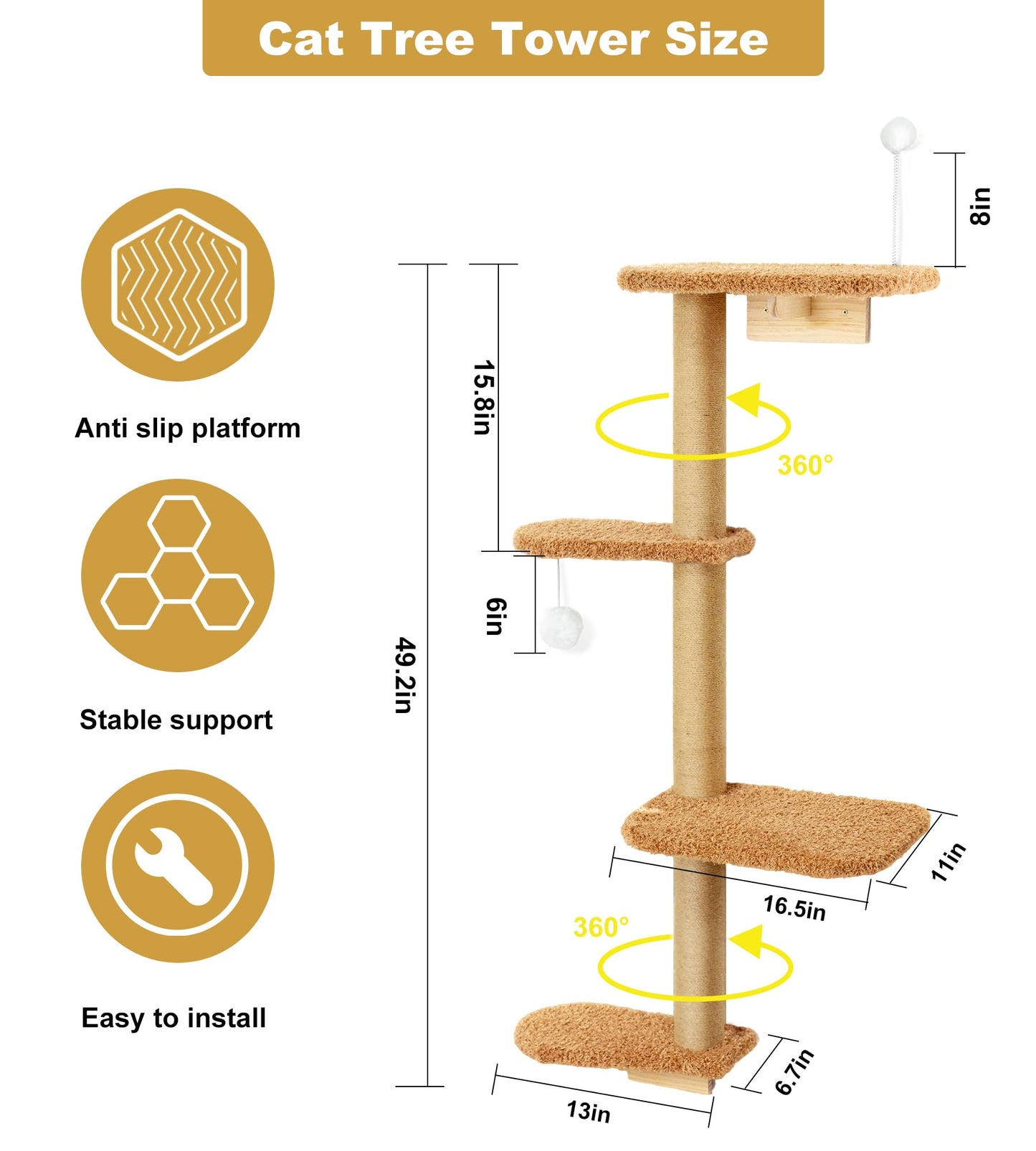 Brown Wall Mounted Cat Wall Climber & Tree for Kittens, 4 Platform Cat Shelves with Brown Plush Cushions, Floating Furniture for Climbing, Lounging, Scratching – 125 cm