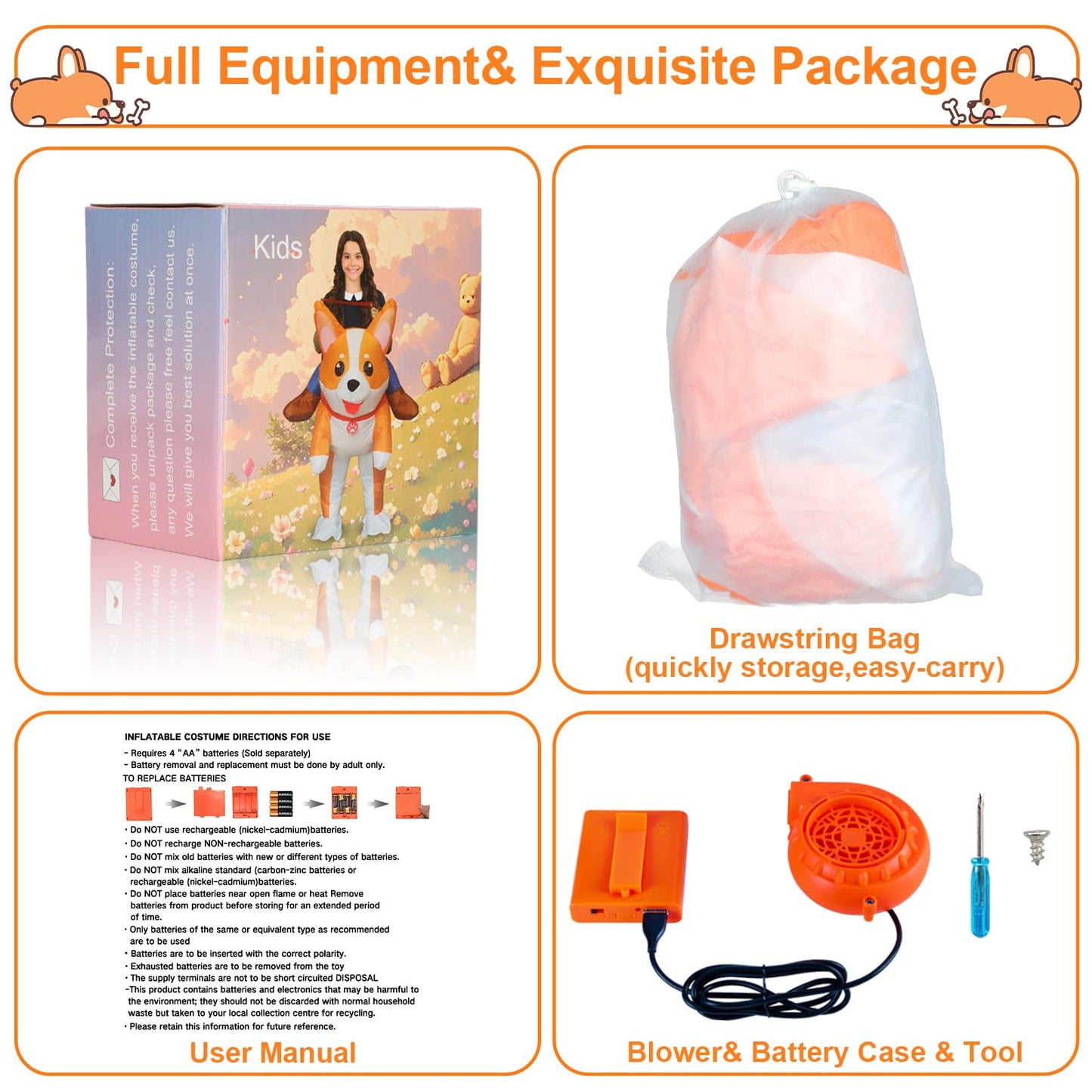 Inflatable Costumes Kids Dog Costume Halloween Blow Up Ride on Corgi Costume Girls Boys Animal Cosplay Party (Corgi-Kids)