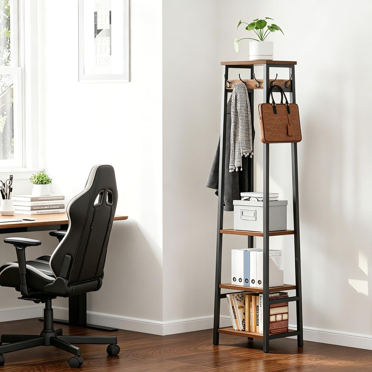 Cerlyunzan Coat Rack Freestanding, Coat Stand with 3 Shelves and 7 Hooks, Hall Tree Free Standing, Clothes Rack Stand Organizer for Bedroom, Hallway, Entryway, Living Room, Rustic Brown and Black